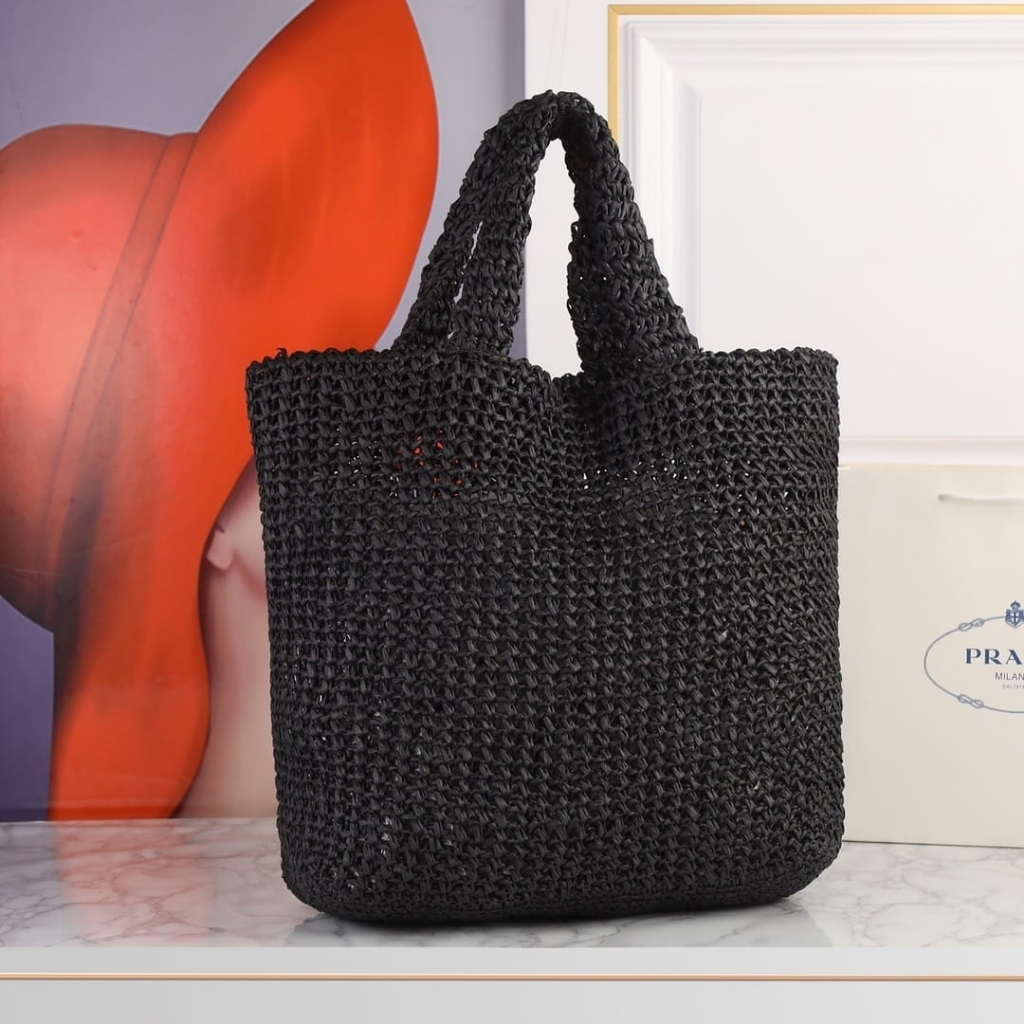 Prada Large Crochet Tote Bag Raffia In Black 40cm 1BG392 2A2T F0002 V OOL