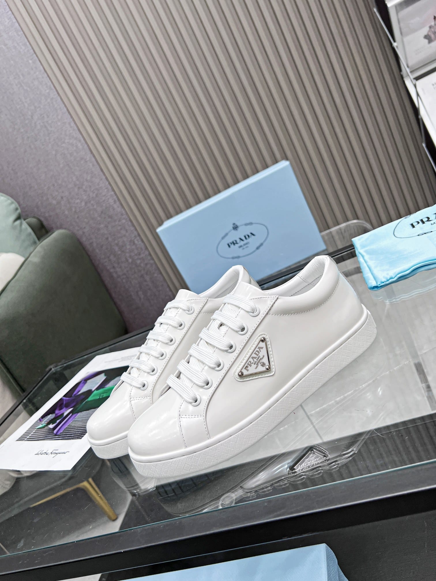 Prada Logo Sneakers In Brushed Leather White