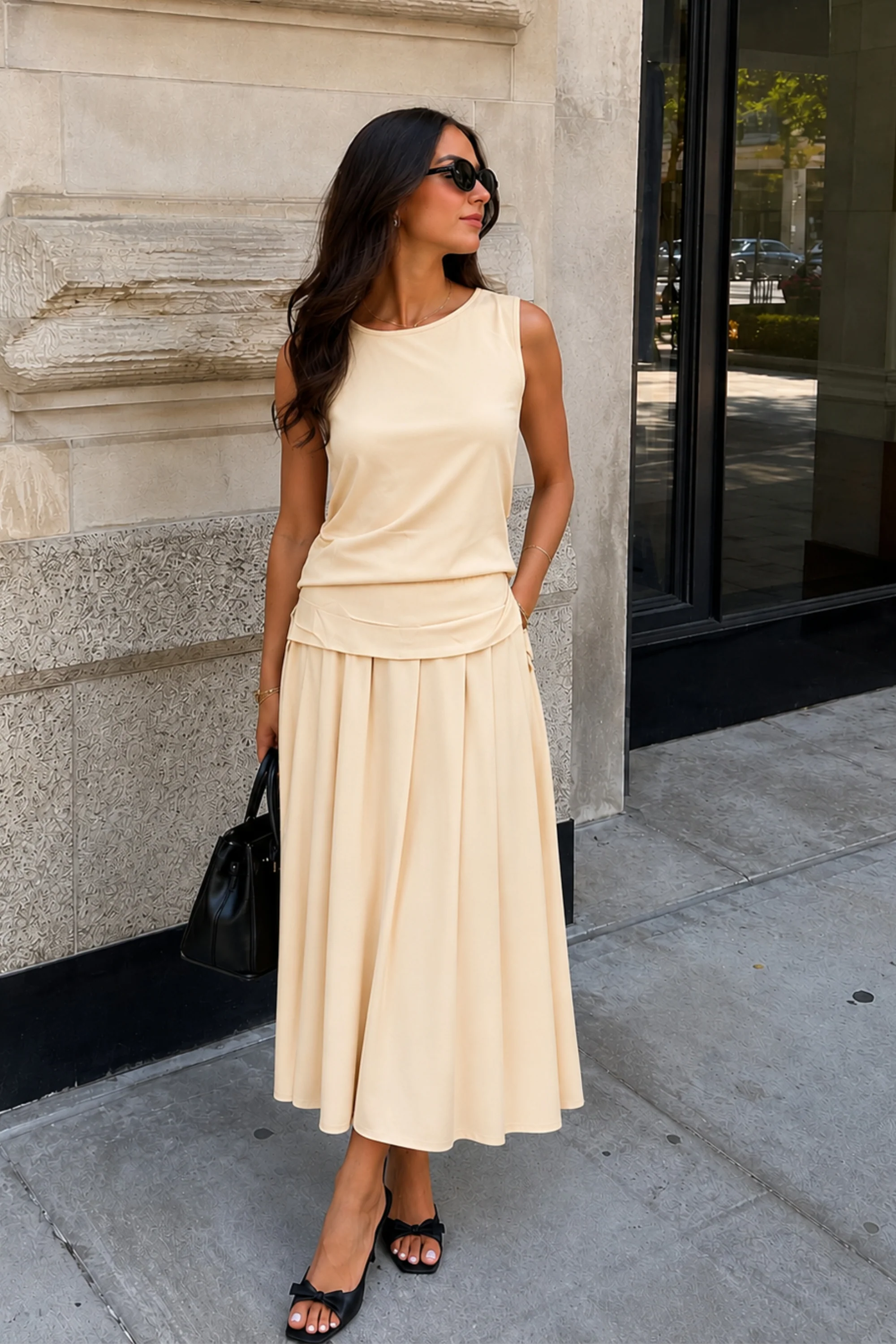 Neck Tie Beige Top & Skirt Coord Set