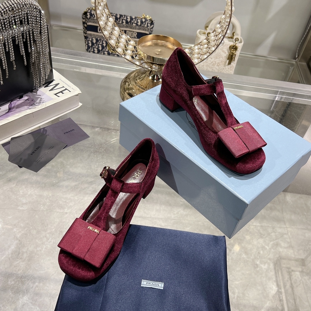 Prada Velvet Mary Pumps Red