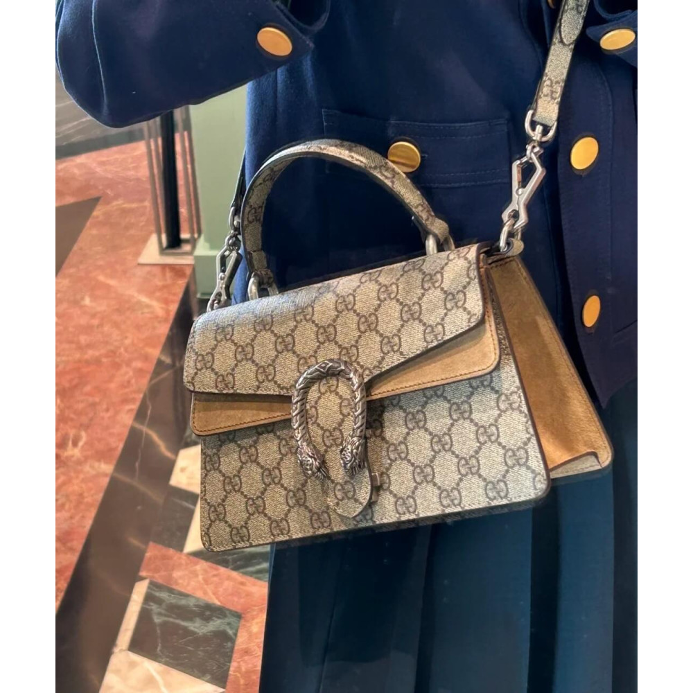Gucci Small Dionysus Top Handle Bag Taupe Suede Trim