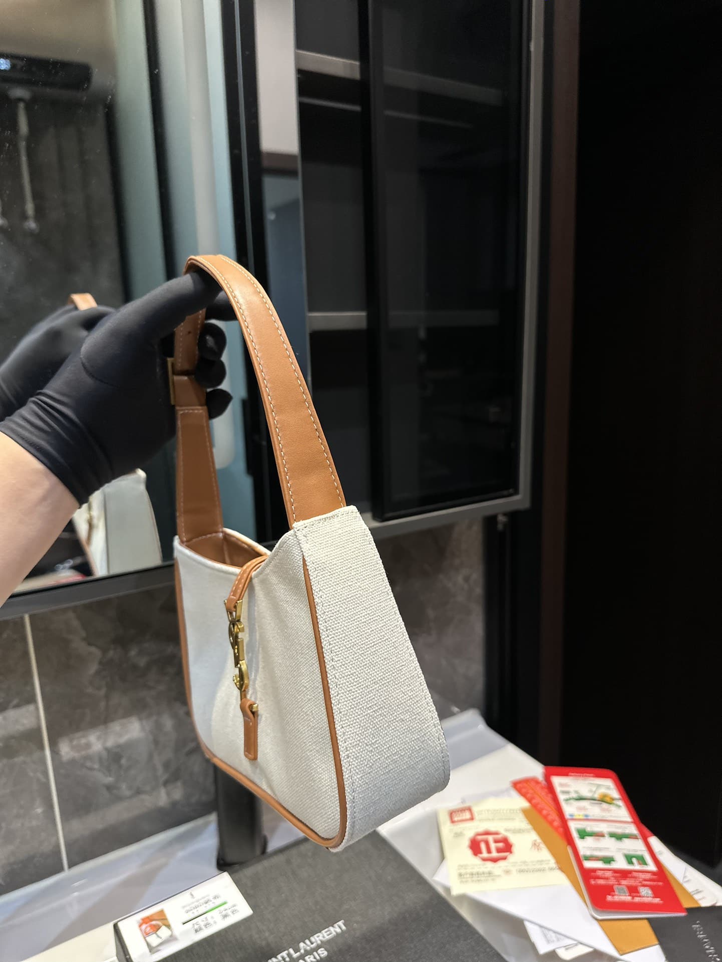 Saint Laurent Le 5 A 7 Linen Canvas Hobo Bag White And Brown 25Cm
