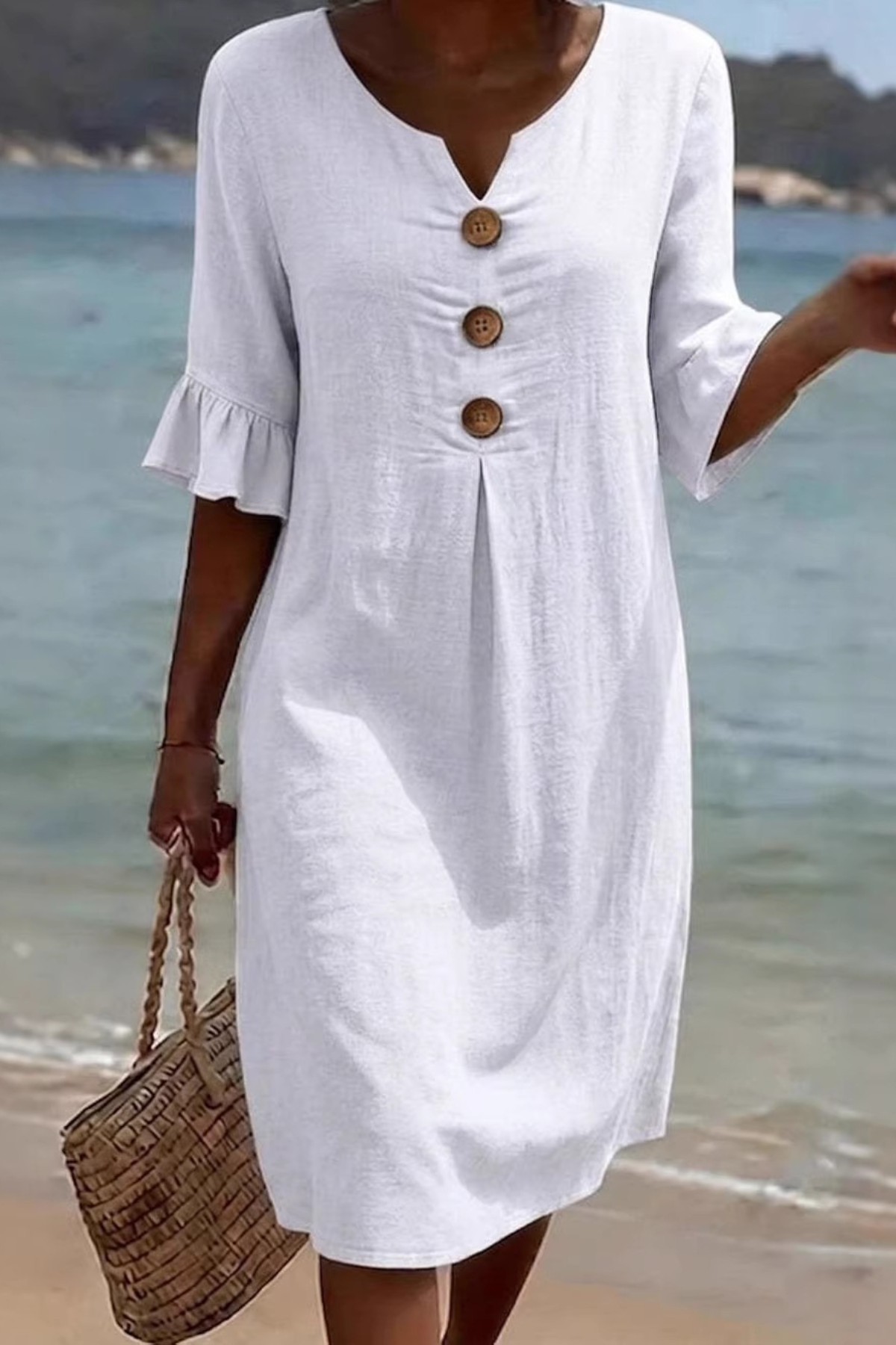 V-Neck Large Button Lotus Leaf Sleeve Design Dress