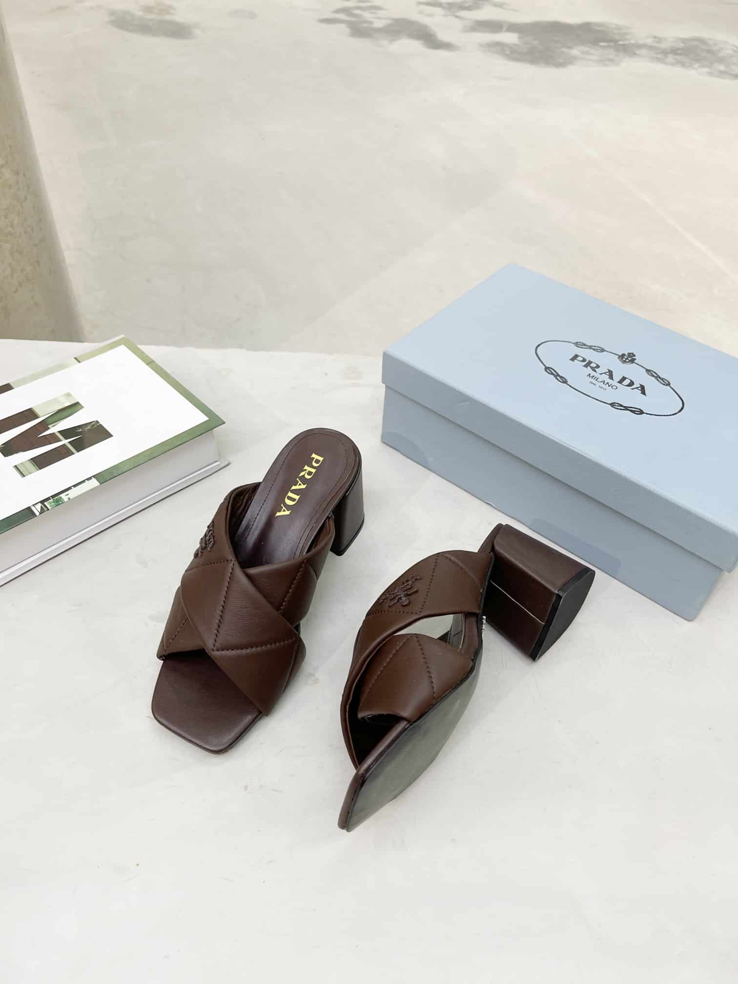 Prada Crossover Nappa Leather Sandals In Dark Brown