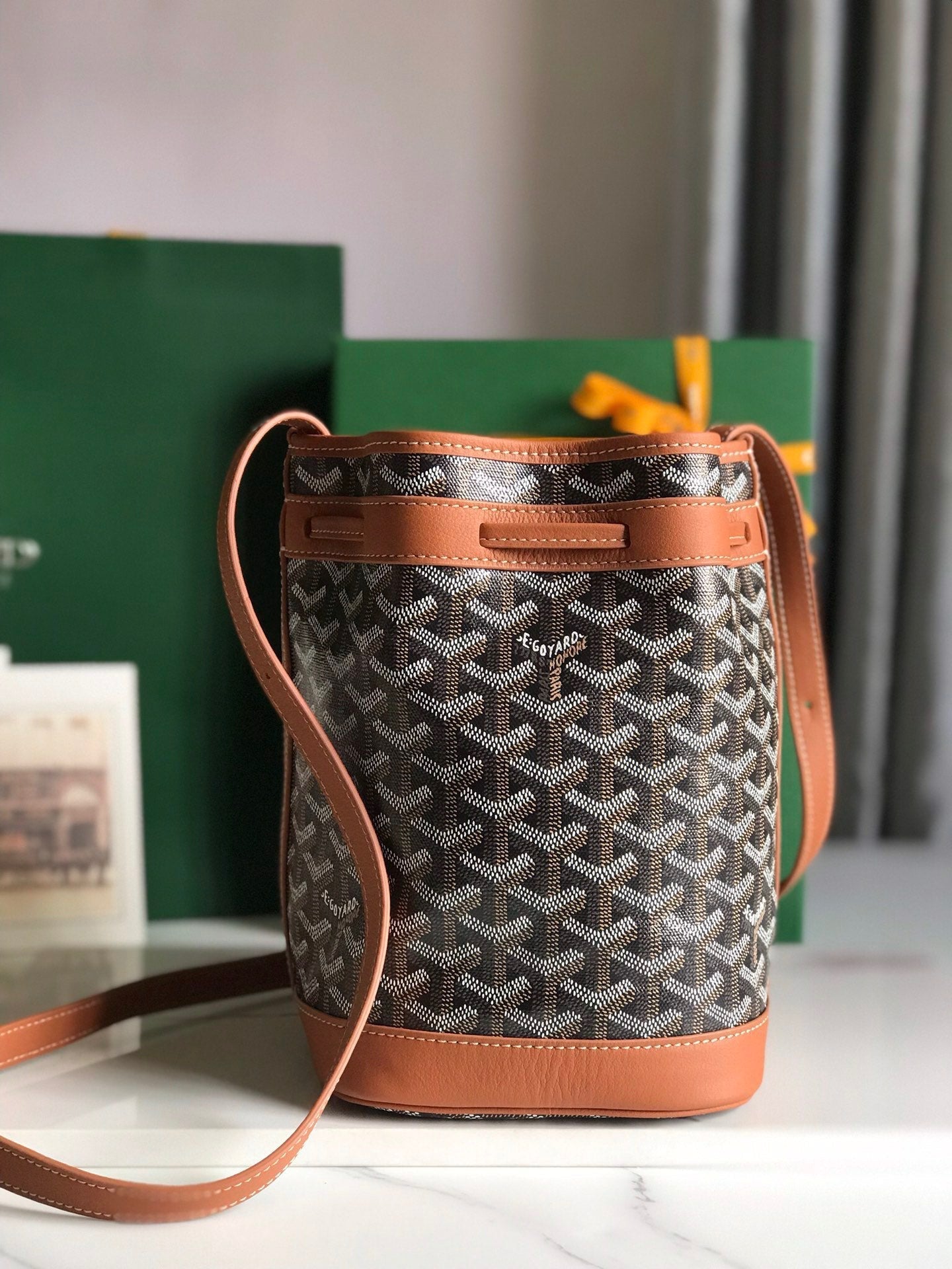 Goyard Petit Flot Bucket Bag 22 Cm Black Goyardine Canvas And Tan Lambskin Trim