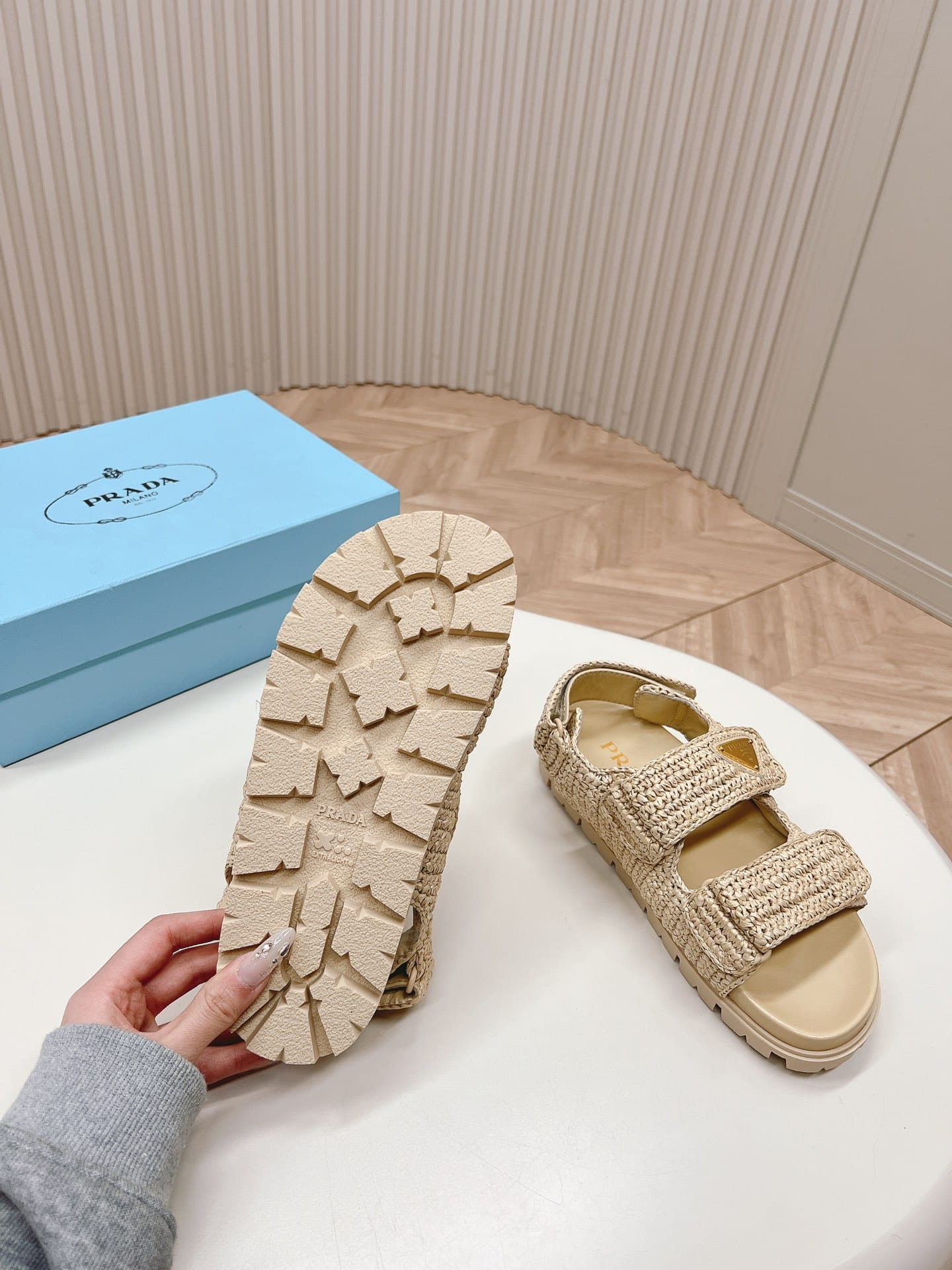 Prada Monolith Crochet Raffia Effect Sandals In Neutrals