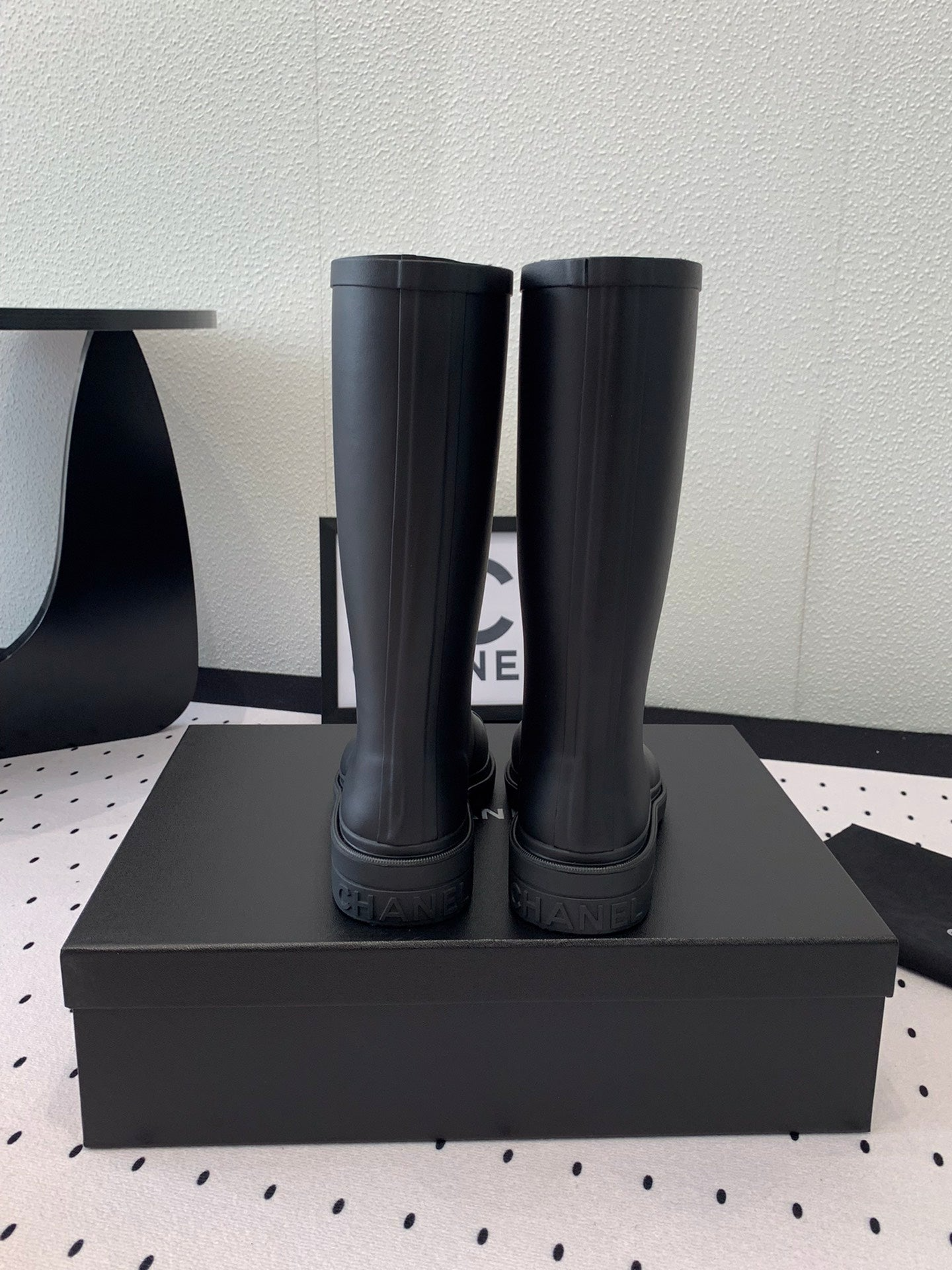 Chanel CC Logo Rain Boots Black Rubber Heel 47cm