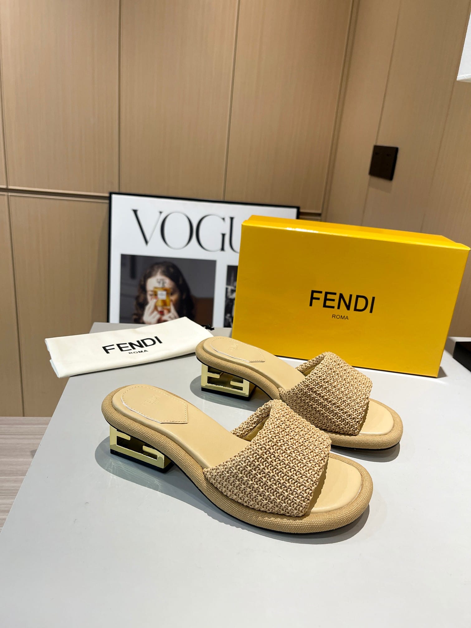 Fendi Baguette Raffia Slide Sandal Natural Neutral