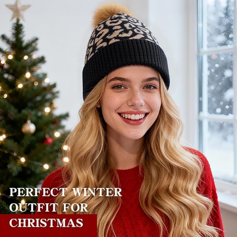 Women Winter Knitted Beanie Hat with Faux Fur Pom