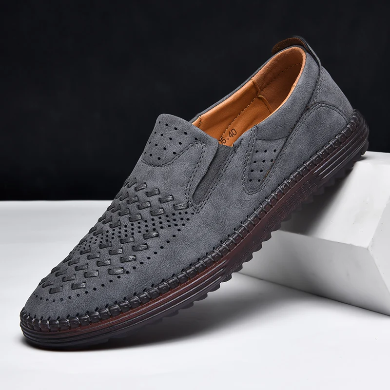 Handmade Leather Men Shoes Design Fashion Sneakers Slip On Loafers Summer Mesh Breathable Casual Shoes Men Driving Flat