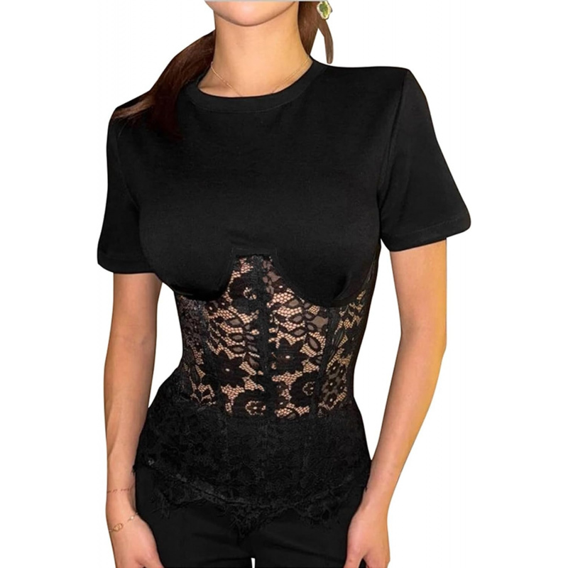 Women Lace Top Y2k Short Sleeve Crew Neck Slim Fit