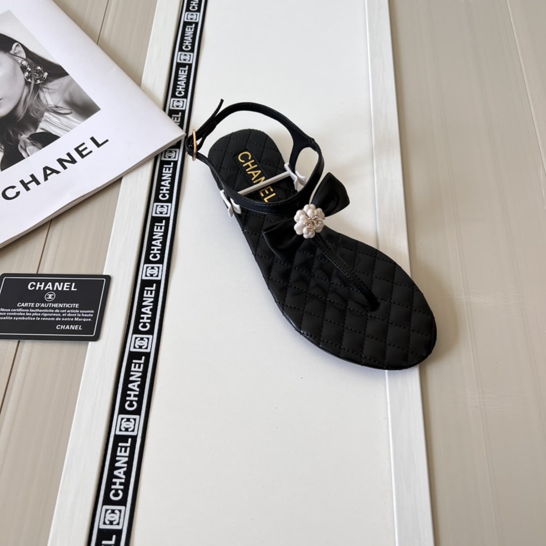 Chanel Black Quilted Leather With White Camellia Cc Logo Sandals G45258 X01000 94305