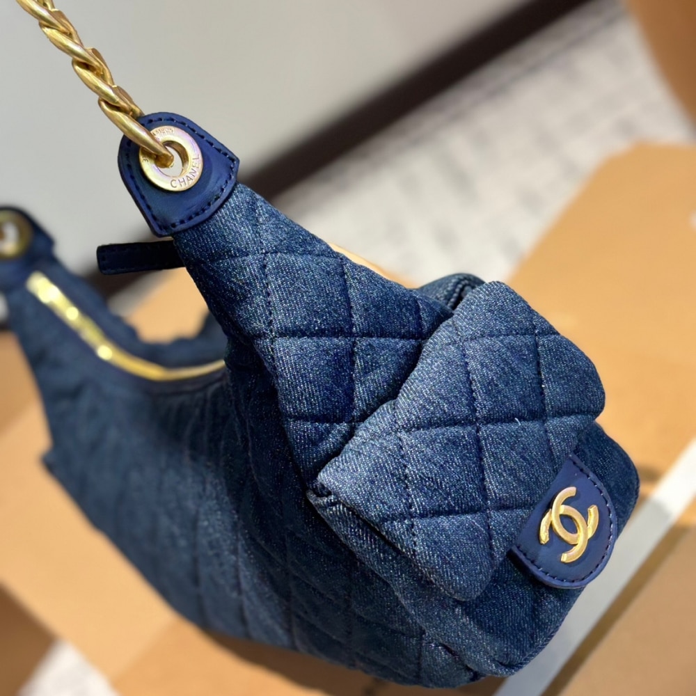 Chanel Large Hobo Bag Washed Denim And Gold Tone Metal Dark Blue 31Cm
