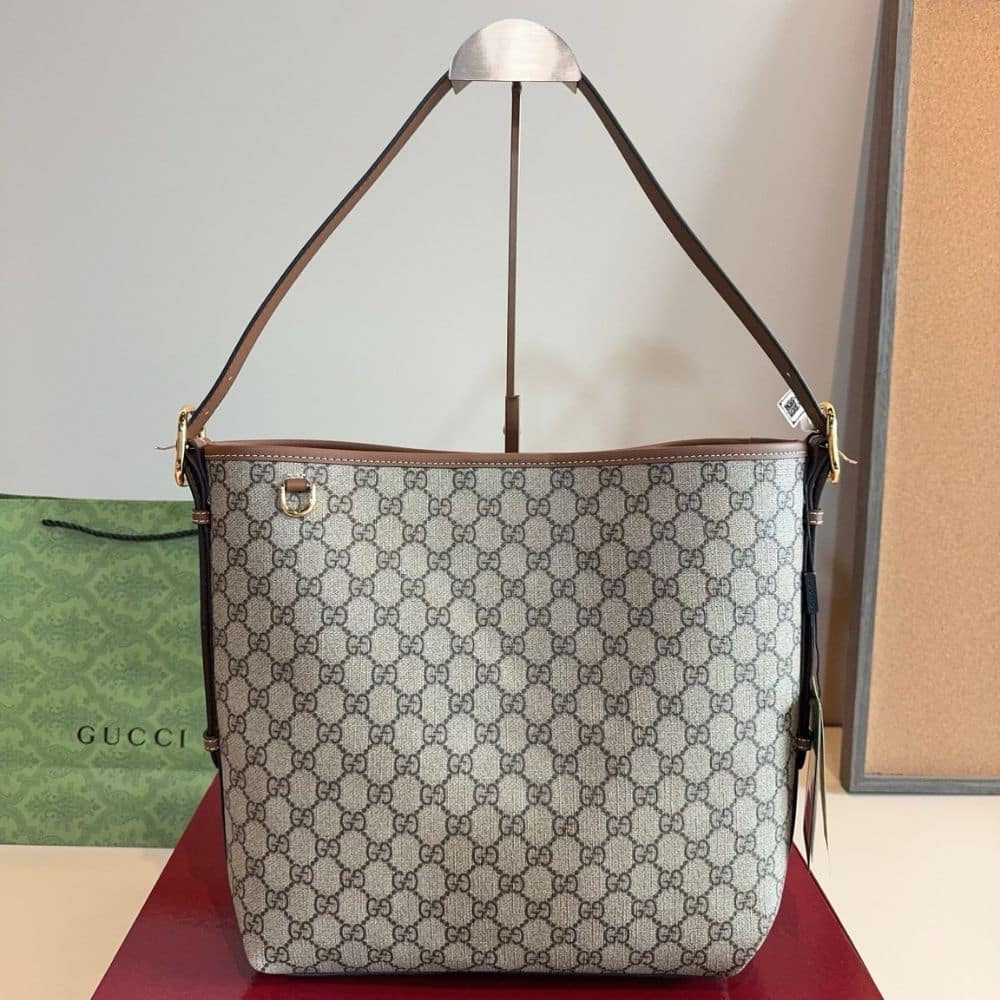 Gucci GG Emblem Medium Bucket Bag Beige And Dark Brown Fabric 31Cm 815103 FAD6L 9758