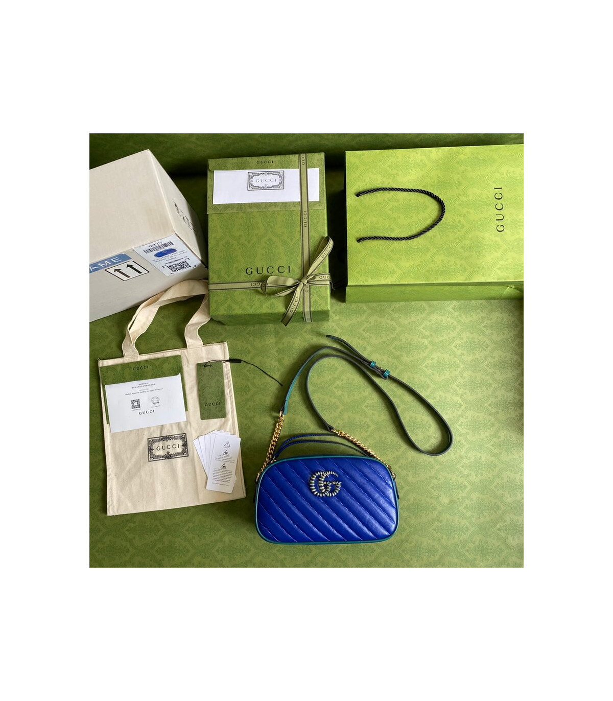 Gucci GG Marmont Small Shoulder Bag Blue and Emerald Leather