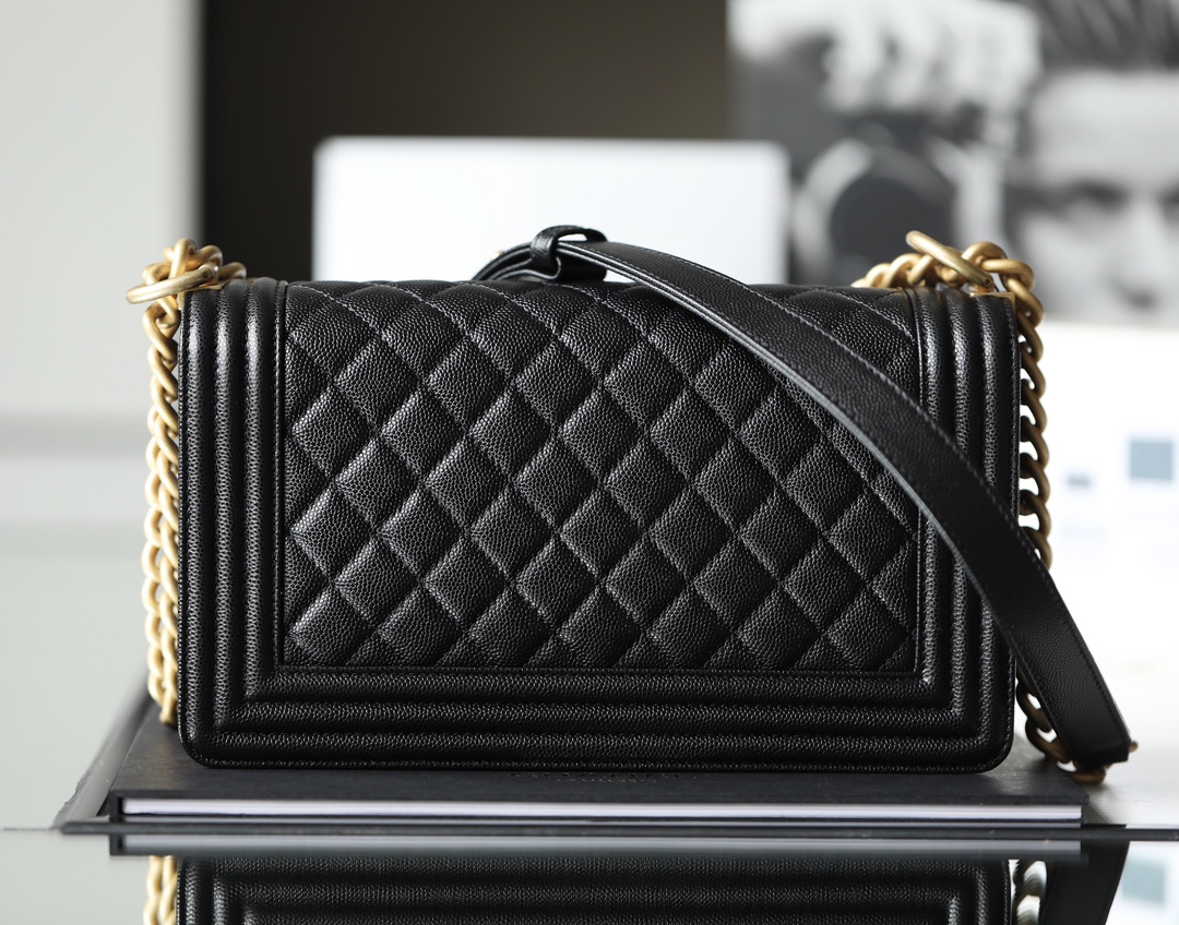 Chanel Medium Boy Quilted Gold Chain Black 25Cm