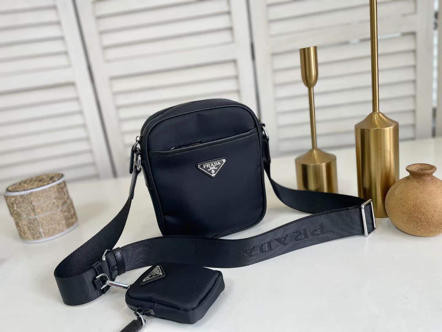Prada Re Nylon Saffiano Logo Leather Bag Black 21Cm