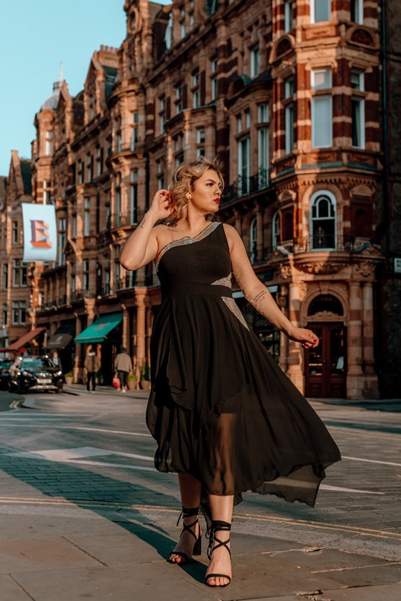 High Waist Asymmetric Hem One Shoulder Dress