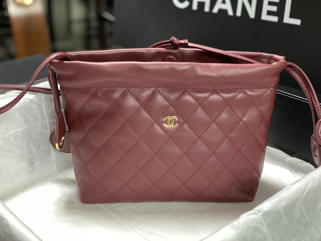 26C Dusty Rose Quilted Lambskin Drawstring Bucket Bag with Gold Hardware