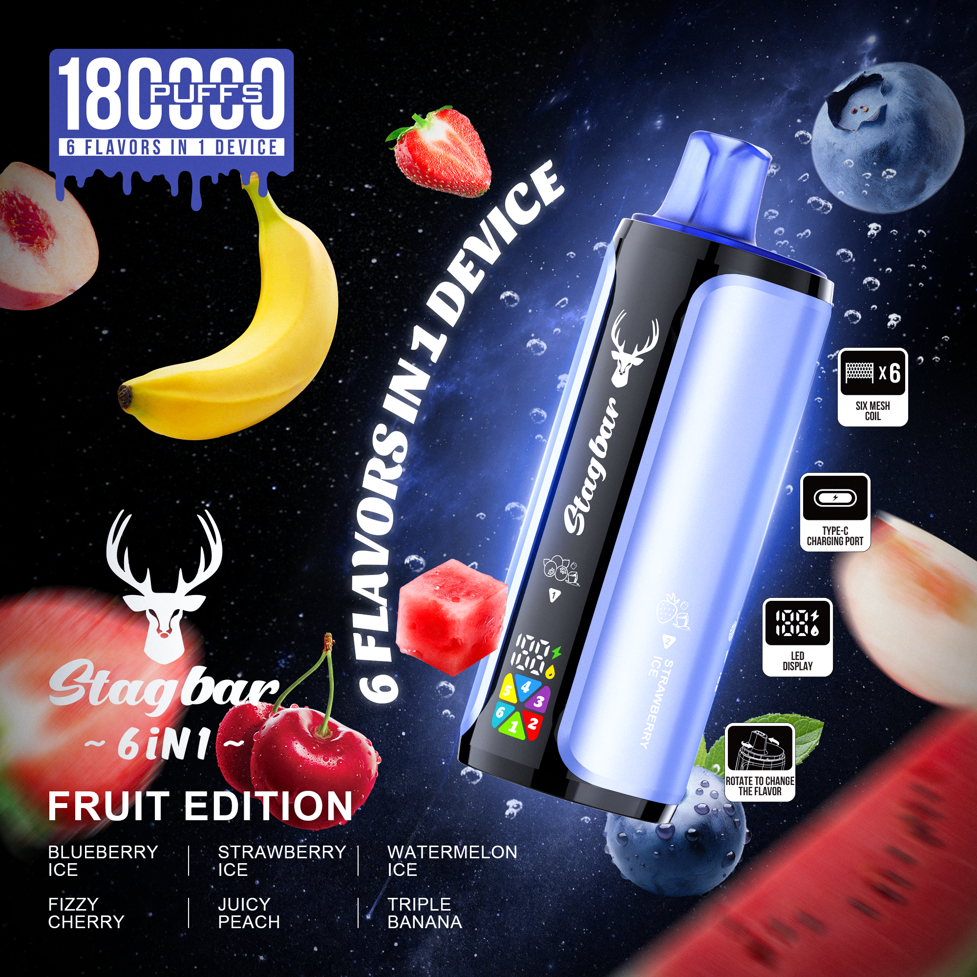 Stag Bar 6w1 180 000 Zaciągnięć | Jednorazowy e-papieros, 6 smaków w jednym, ekran LED, szybkie ładowanie Type-C