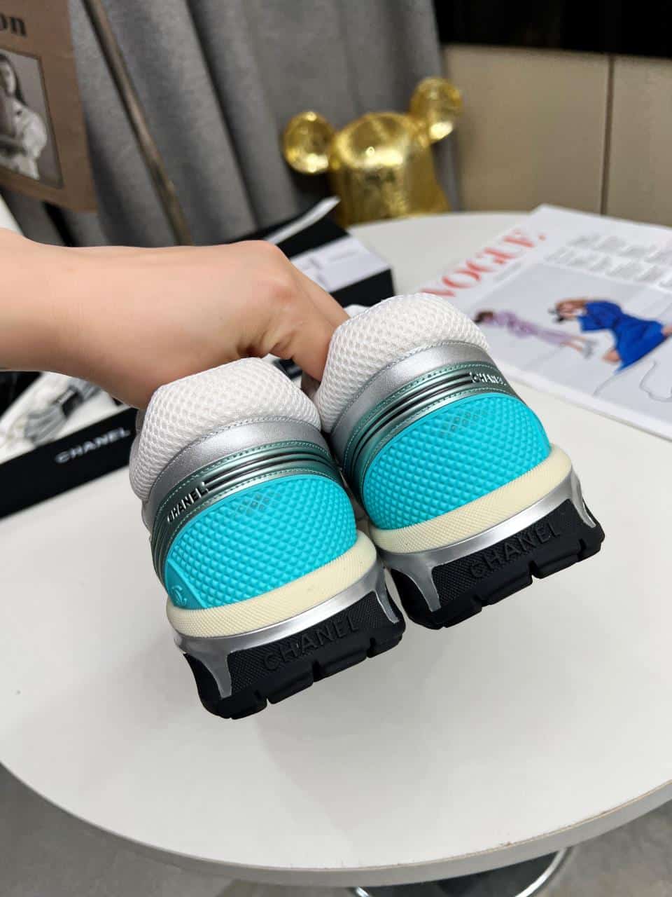 Chanel 23C Silver Metallic Cc Logo Lace Up Flat Runner Trainer Sneaker White Turquoise