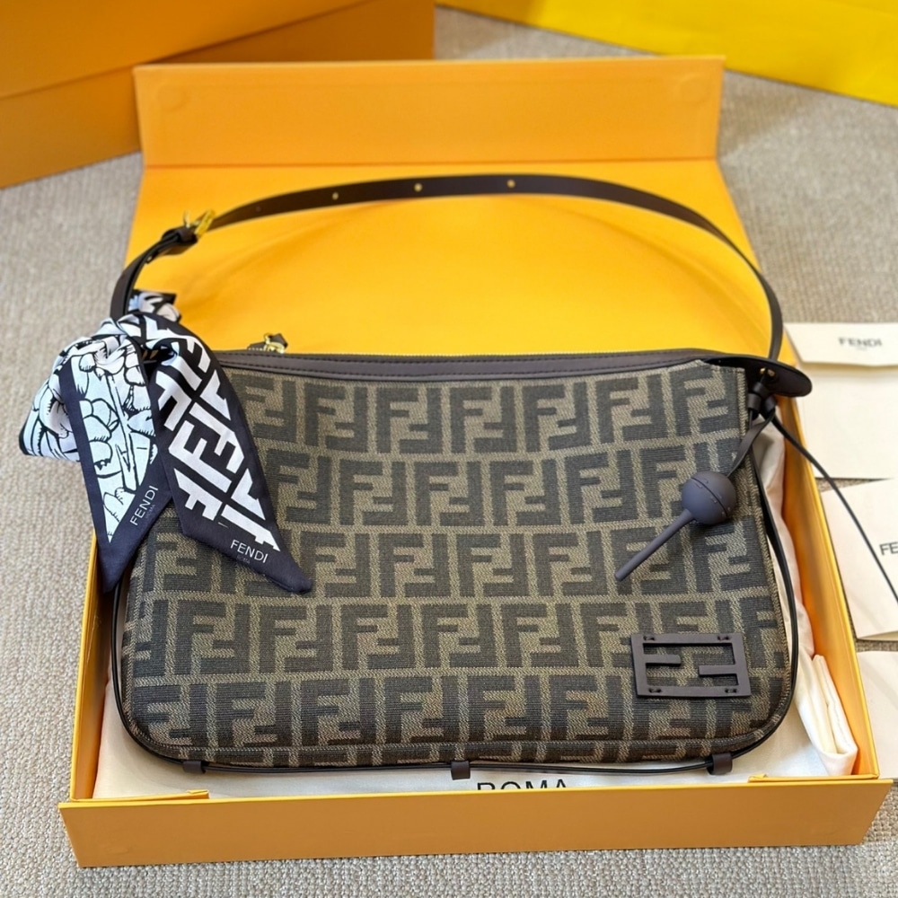 Fendi Simply Fendi Medium Brown Ff Jacquard Fabric Bag 25Cm