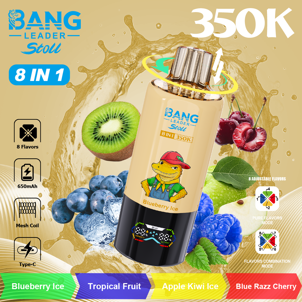 Bang Leader 350K Puffs 8-in-1 Prefilled Vape | 8 Flavors in 1 Device,  Rechargeable, 3%  5%