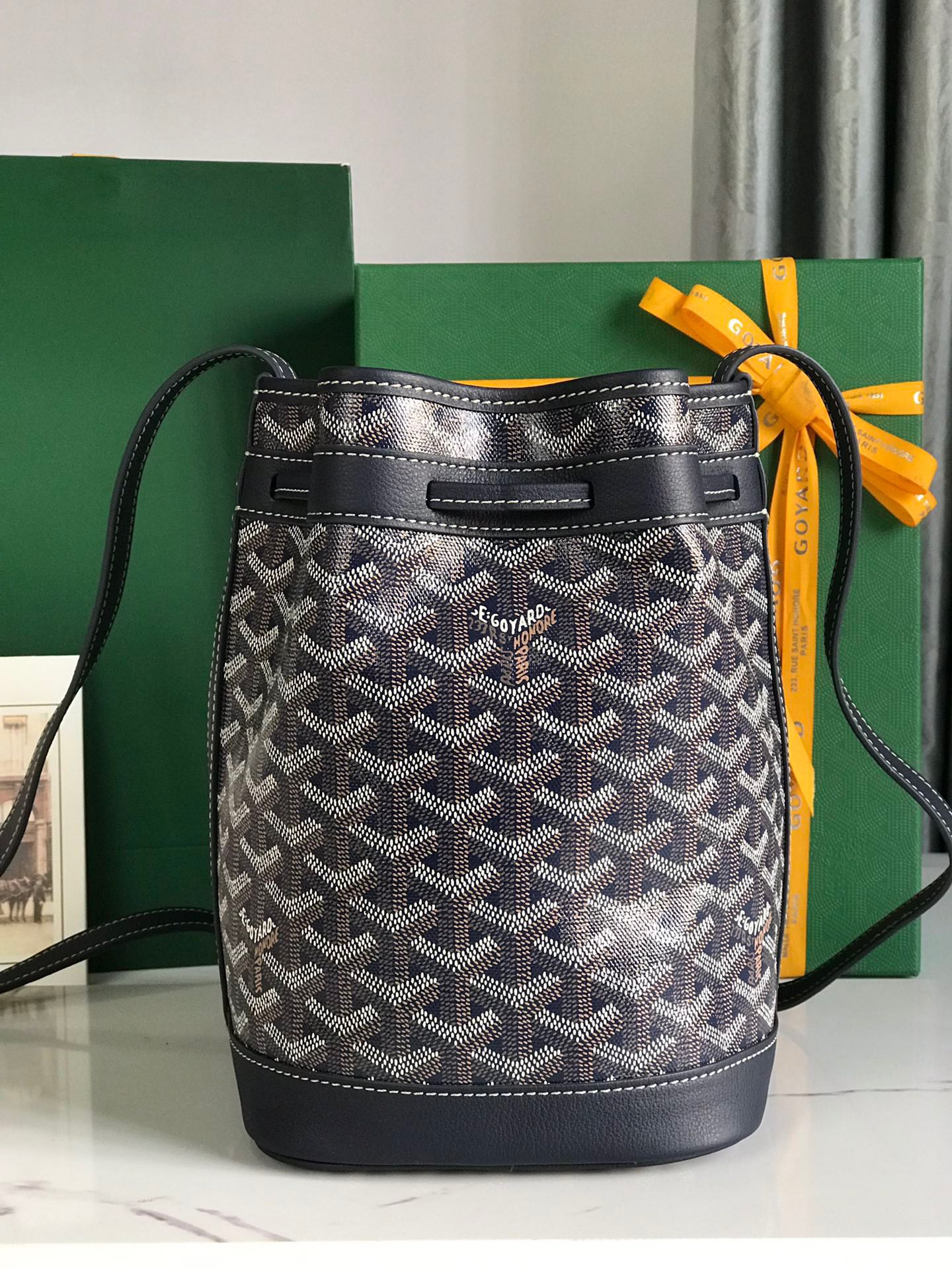 Goyard Petit Flot Bucket Bag 22cm Navy Blue Goyardine Canvas And Lambskin Trim