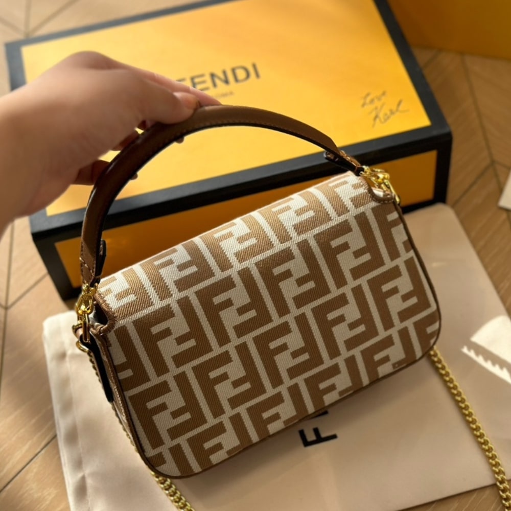 Fendi Baguette Mini Ff Jacquard Fabric Bag Beige 21Cm