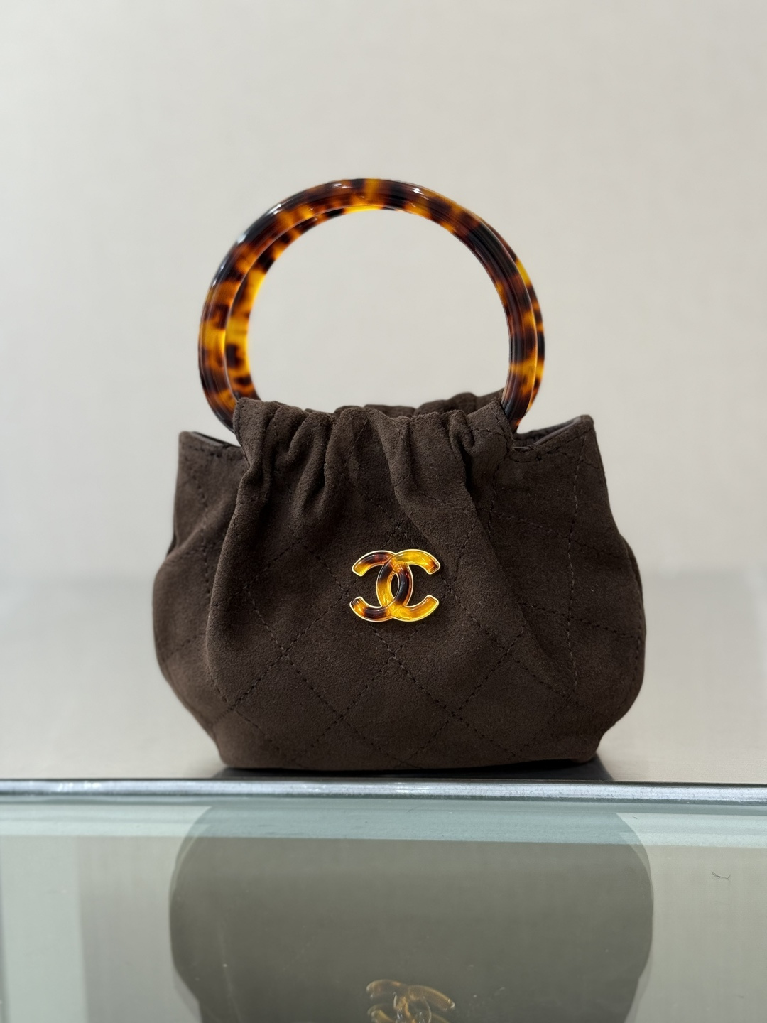26C Croisière Small Hobo Bag (Mini Drawstring Lucky Bag) in Brown Suede Calfskin with Tortoiseshell Plexi Handle & Gold Hardware (Model AS6022)