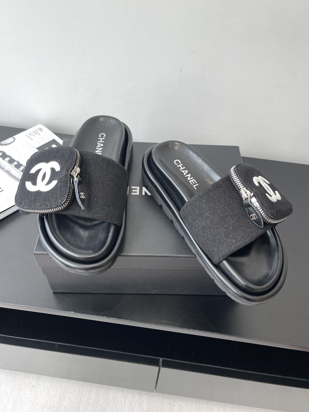 CHANEL Summer Denim Velcro Puffy Slides