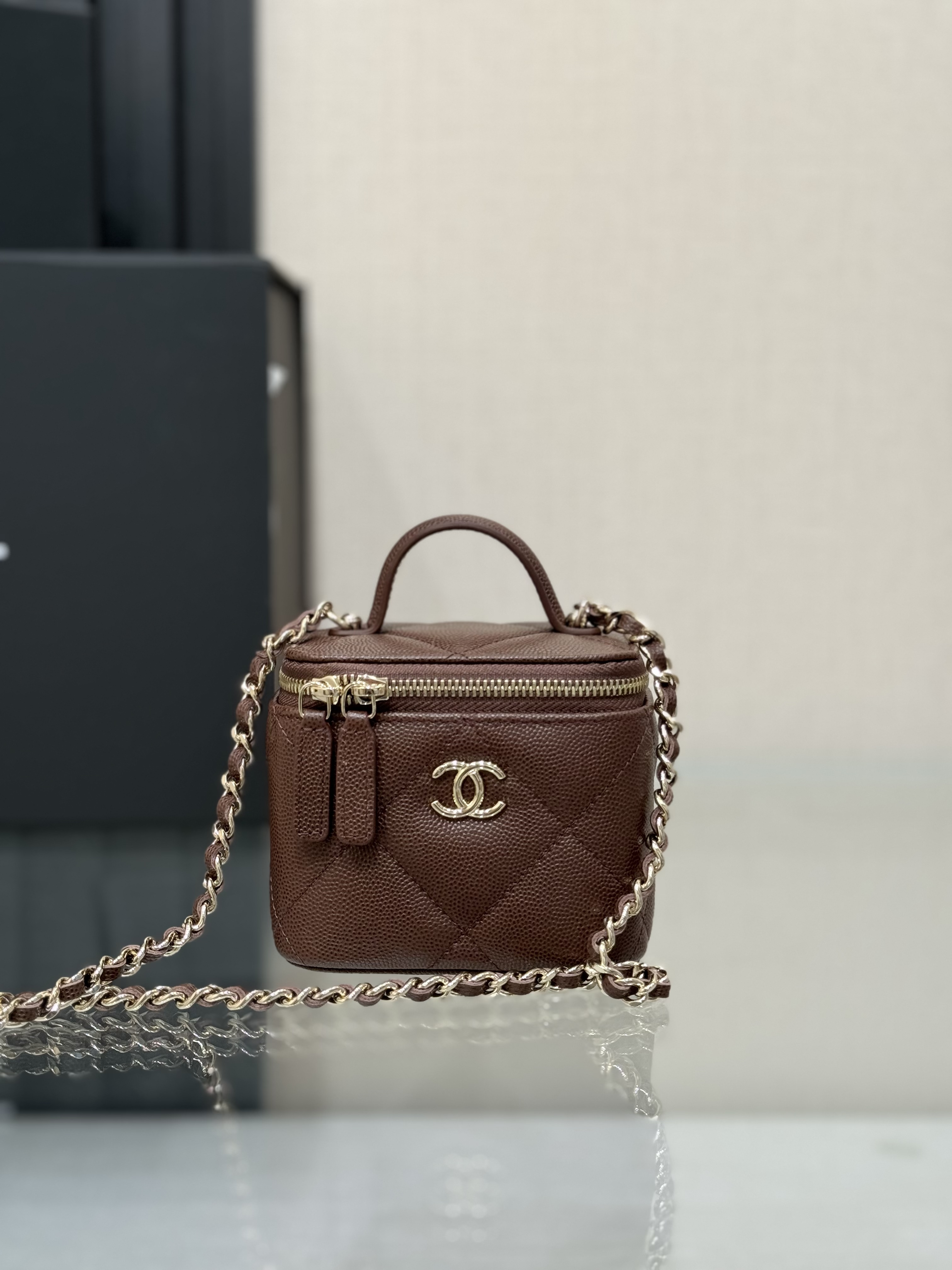 Mini Top Handle Vanity Case (AS5993) in Dark Brown Quilted Grained Calfskin (Caviar) with Antique Gold-Tone Hardware
