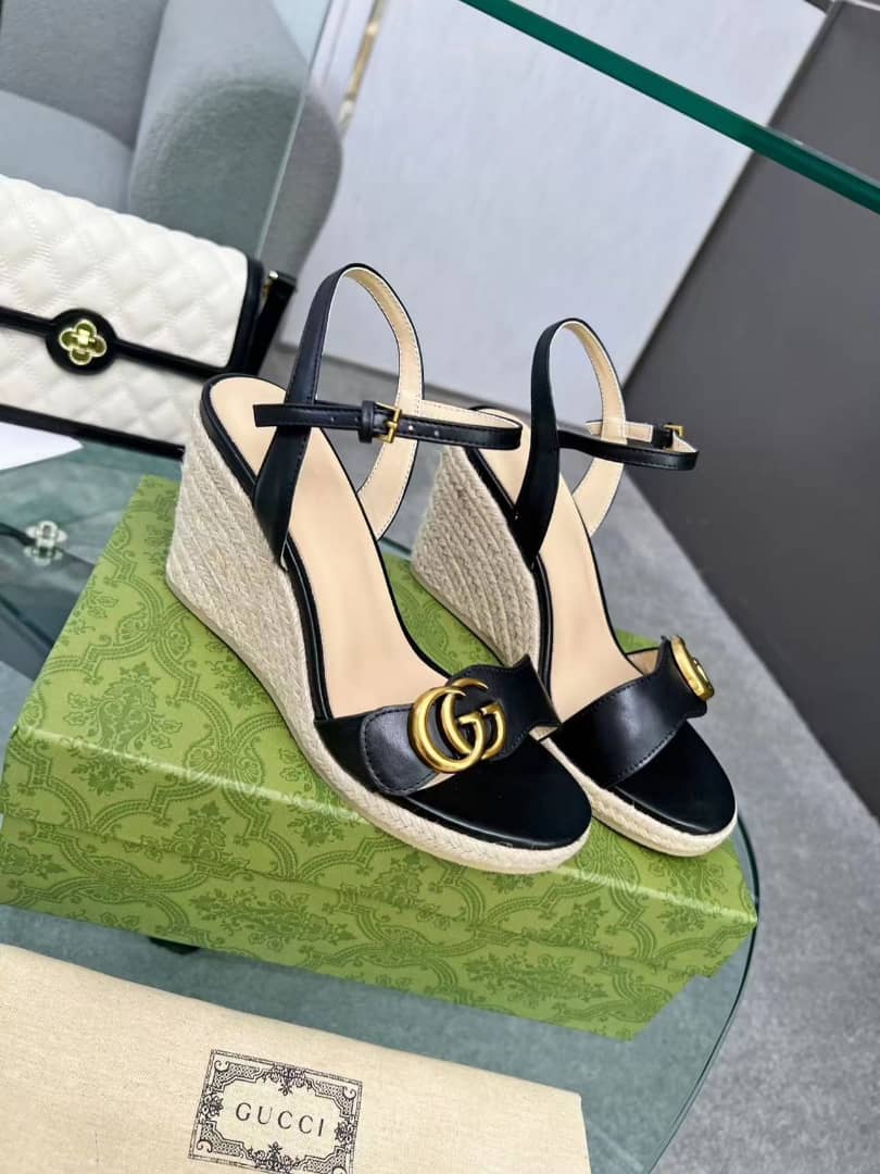 Gucci Leather Wedge Espadrille Sandals Black 8Cm