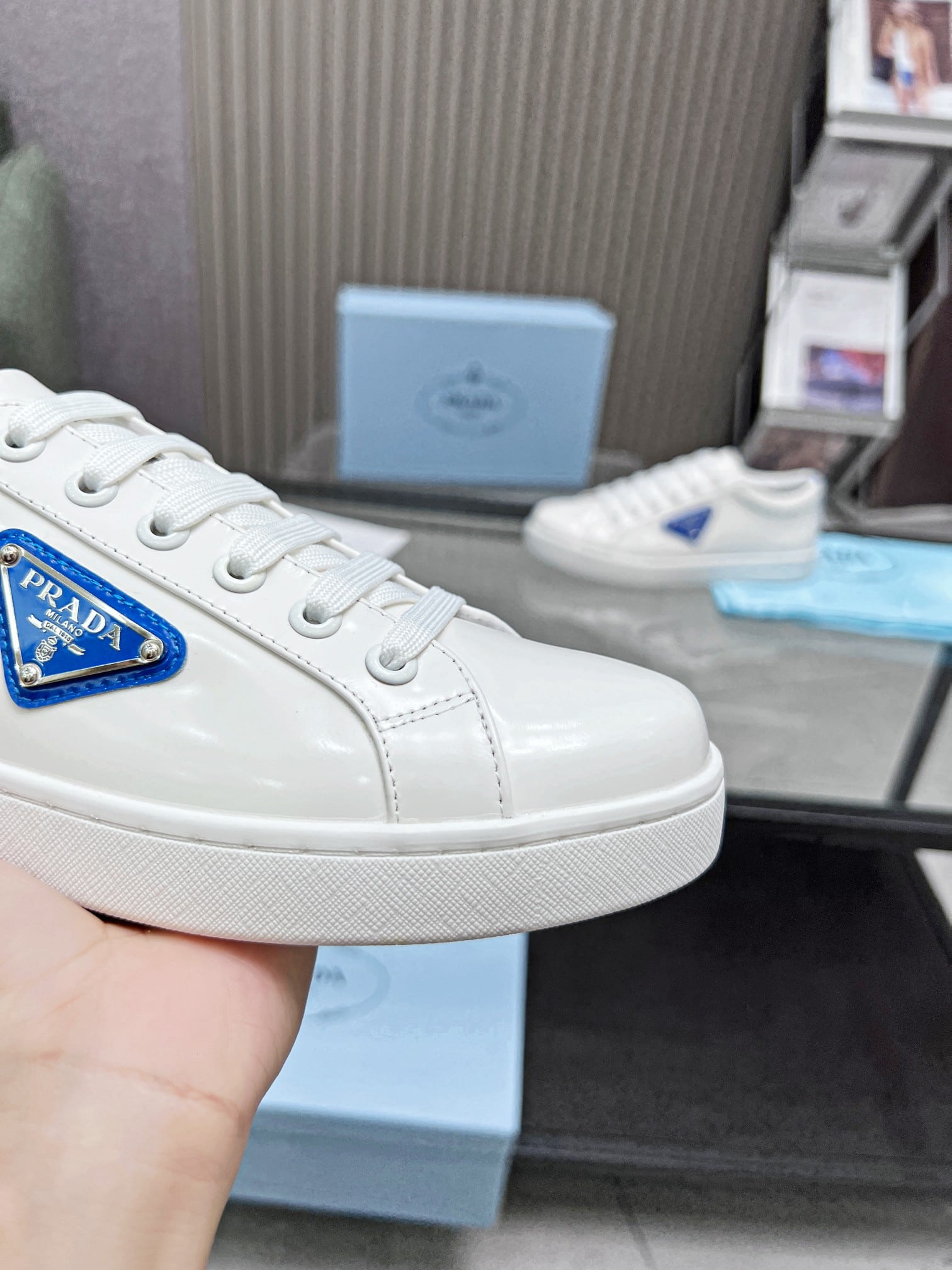 Prada Brushed Sneakers Leather White White Cobalt Blue