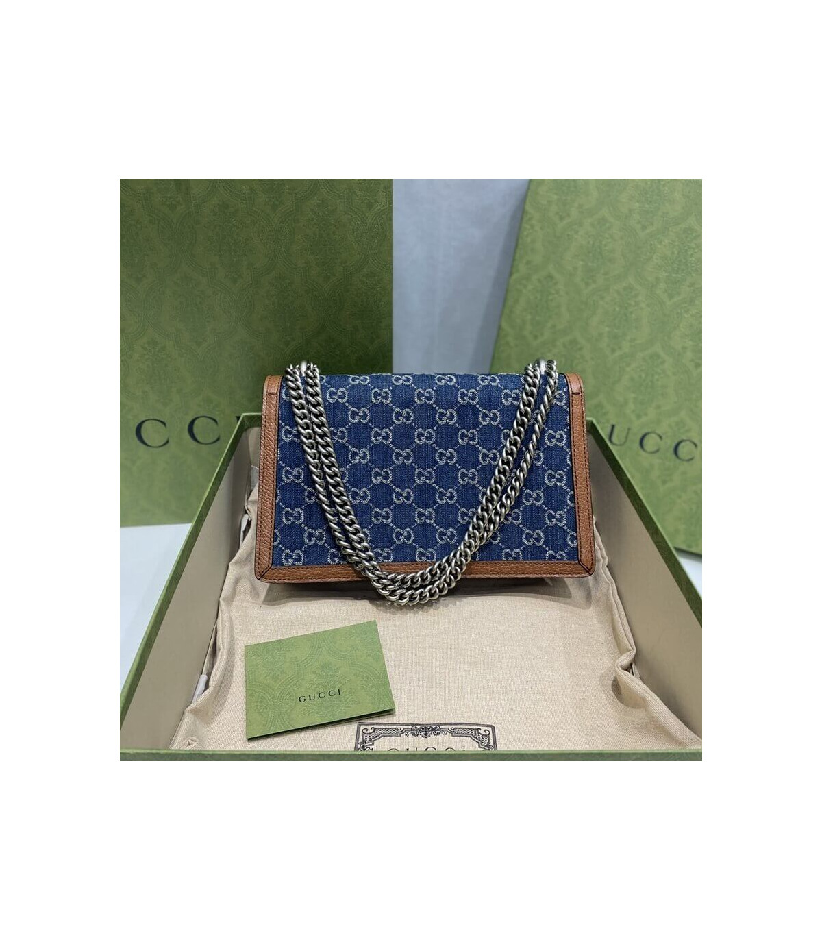 Gucci Small Dionysus Shoulder Bag in Blue Jacquard Denim 28cm
