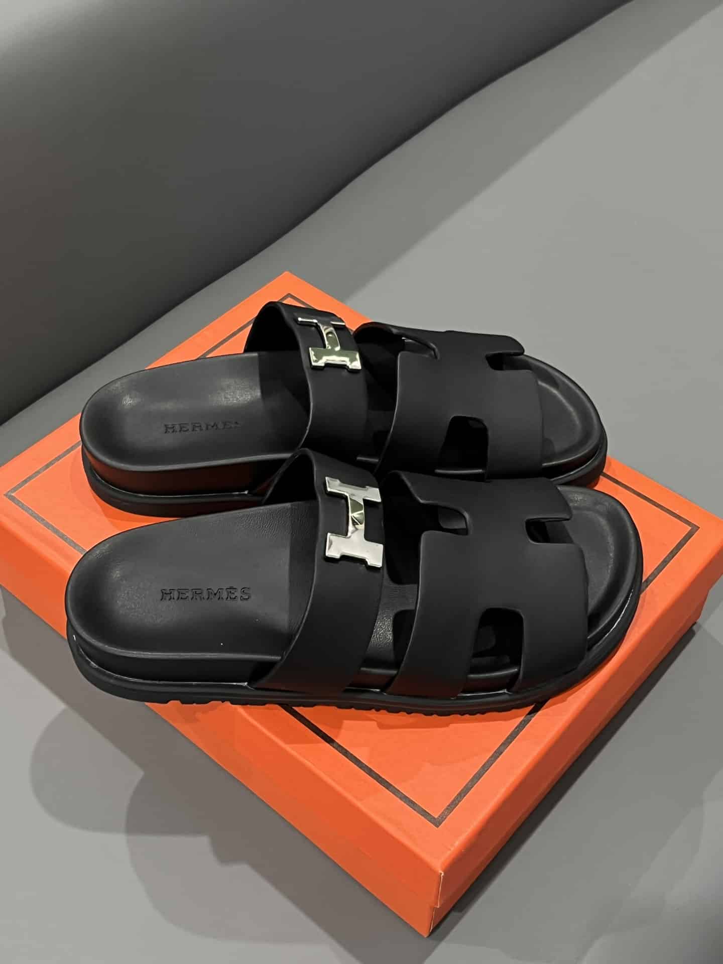 Hermes Chypre Sandal H Logo Silver Hardware Black