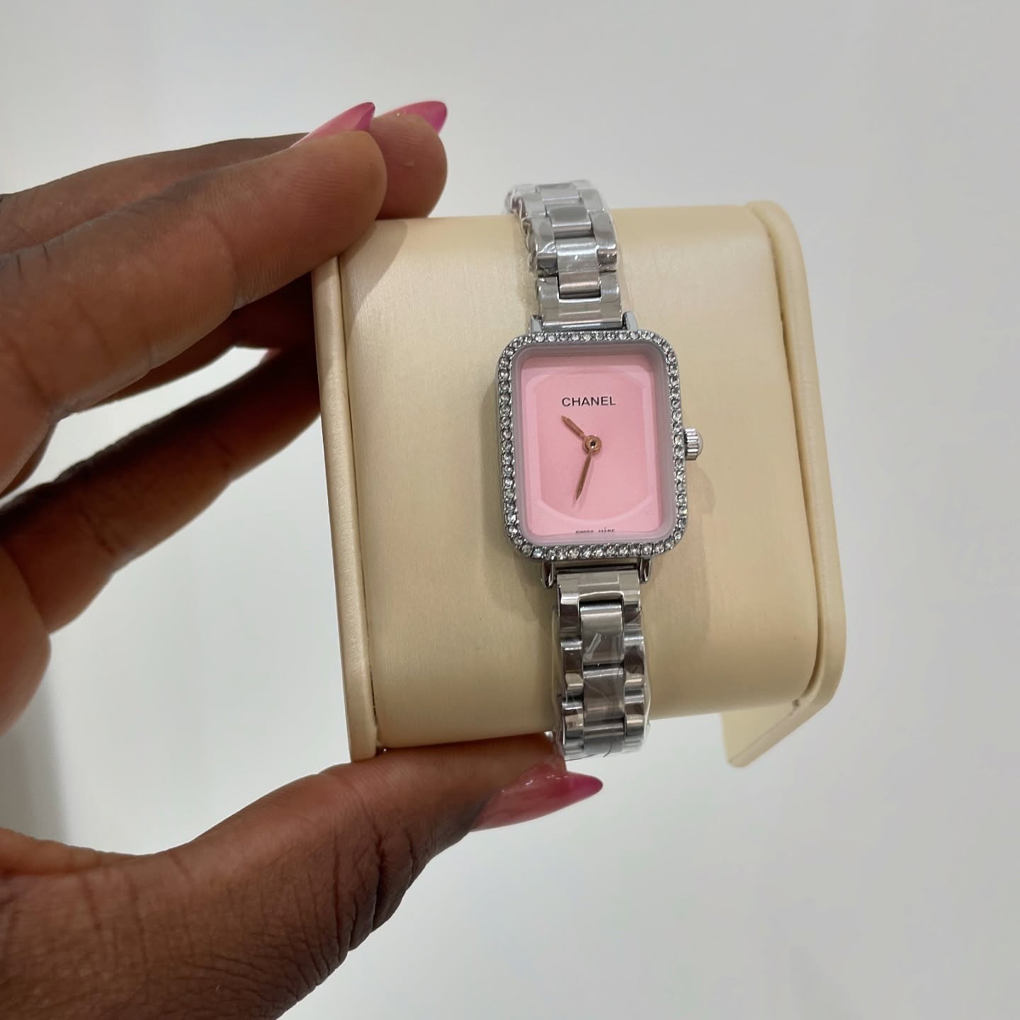 Chanel Première Silver Diamond-Edge Watch Pink Dial