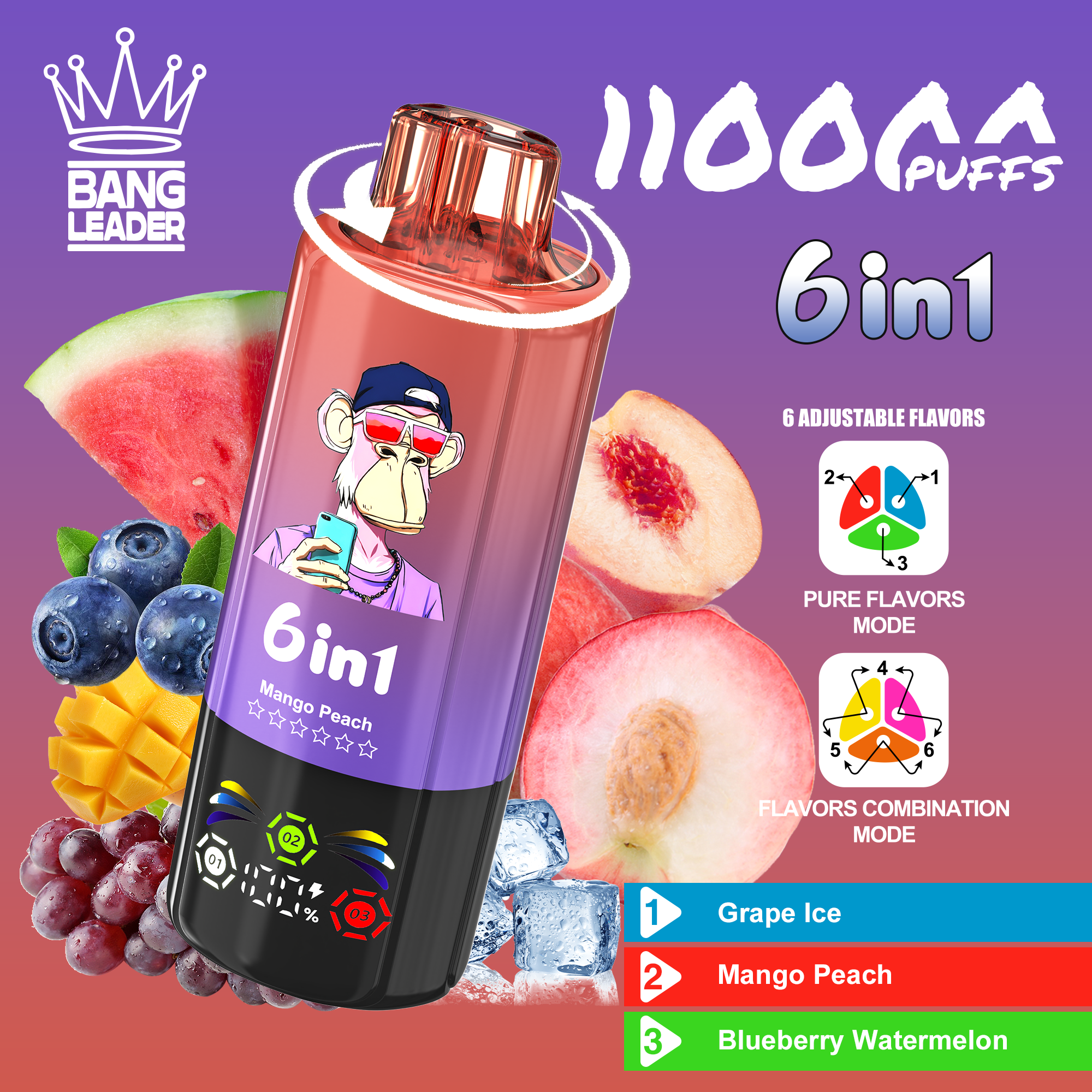 Bang Leader 110K Puffs 6-in-1 Prefilled  Vape | 6 Flavors in 1 Device,  Rechargeable, 3%/5%