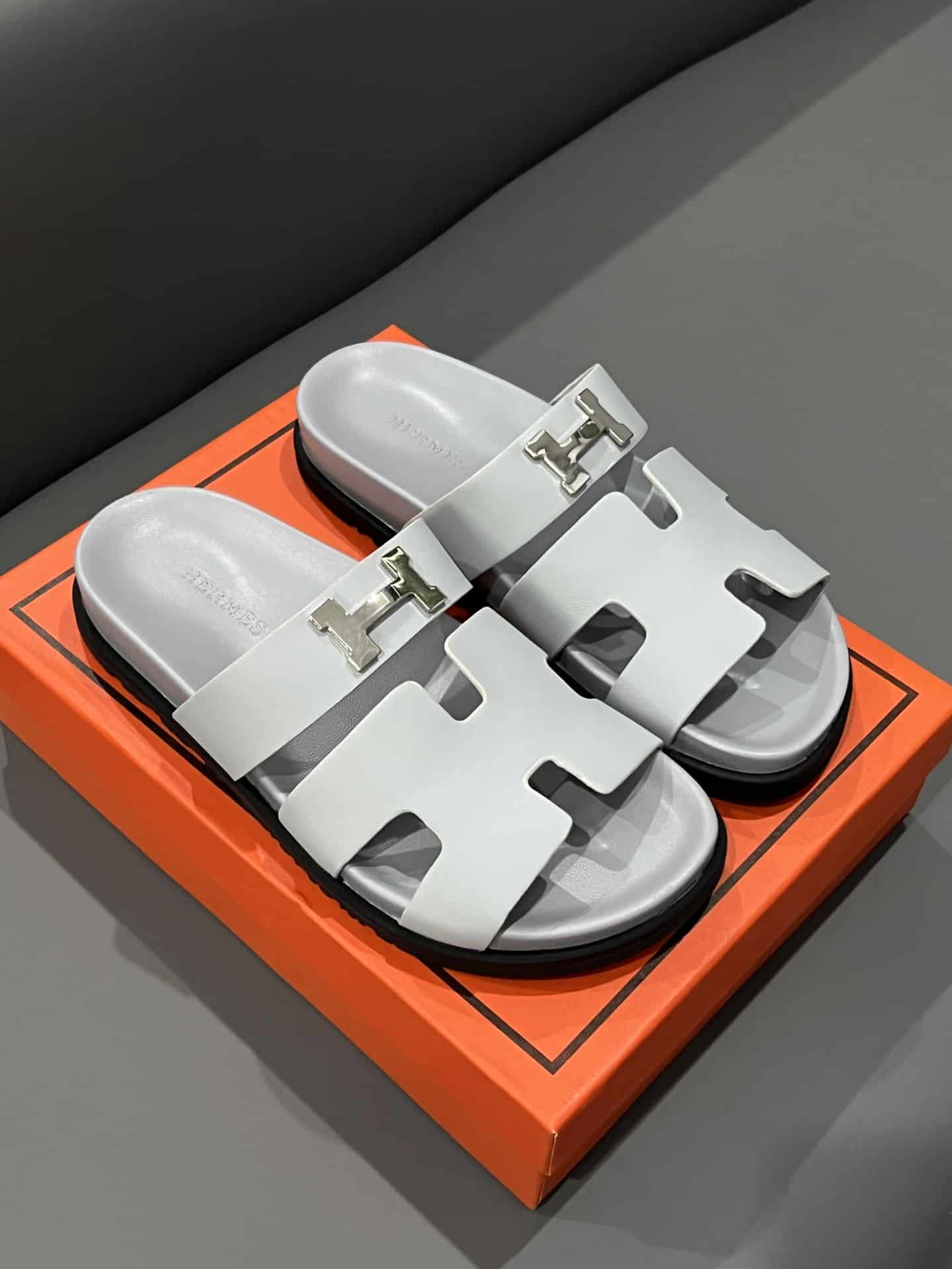 Hermes Chypre Sandal H Logo Silver Hardware Light Grey