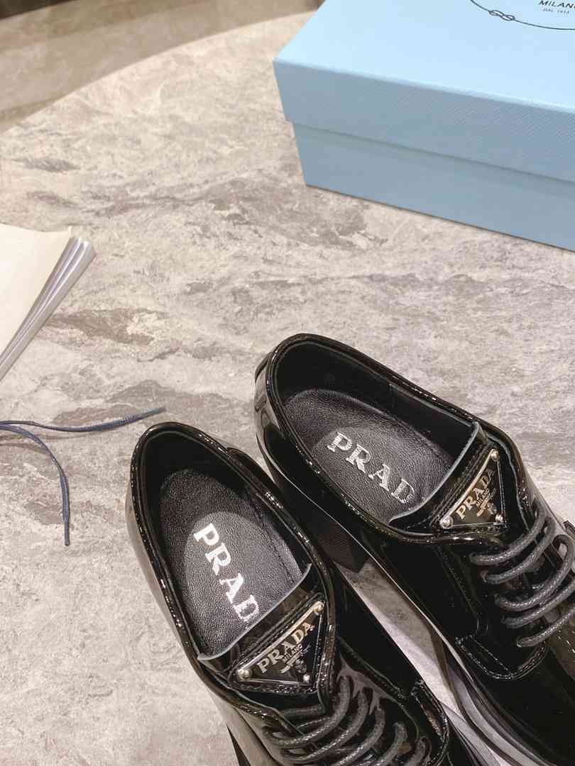 Prada Heeled Brushed Leather Lace-Ups Shiny Black