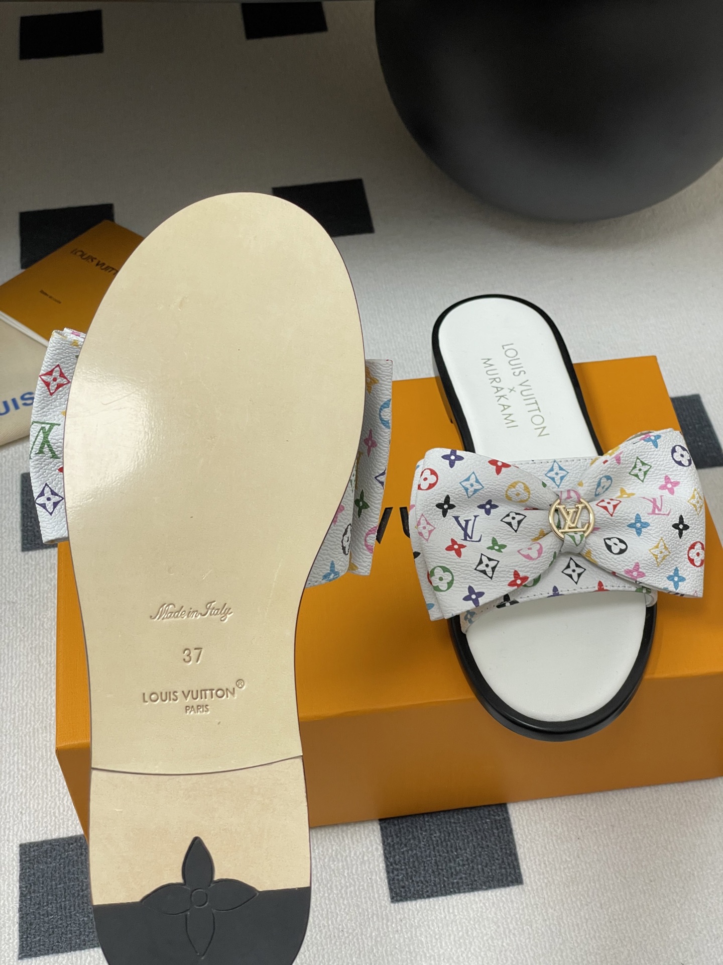 Louis Vuitton x Takashi Murakami Lily Flat Mule Bow Slide Sandals White 1AGVYA