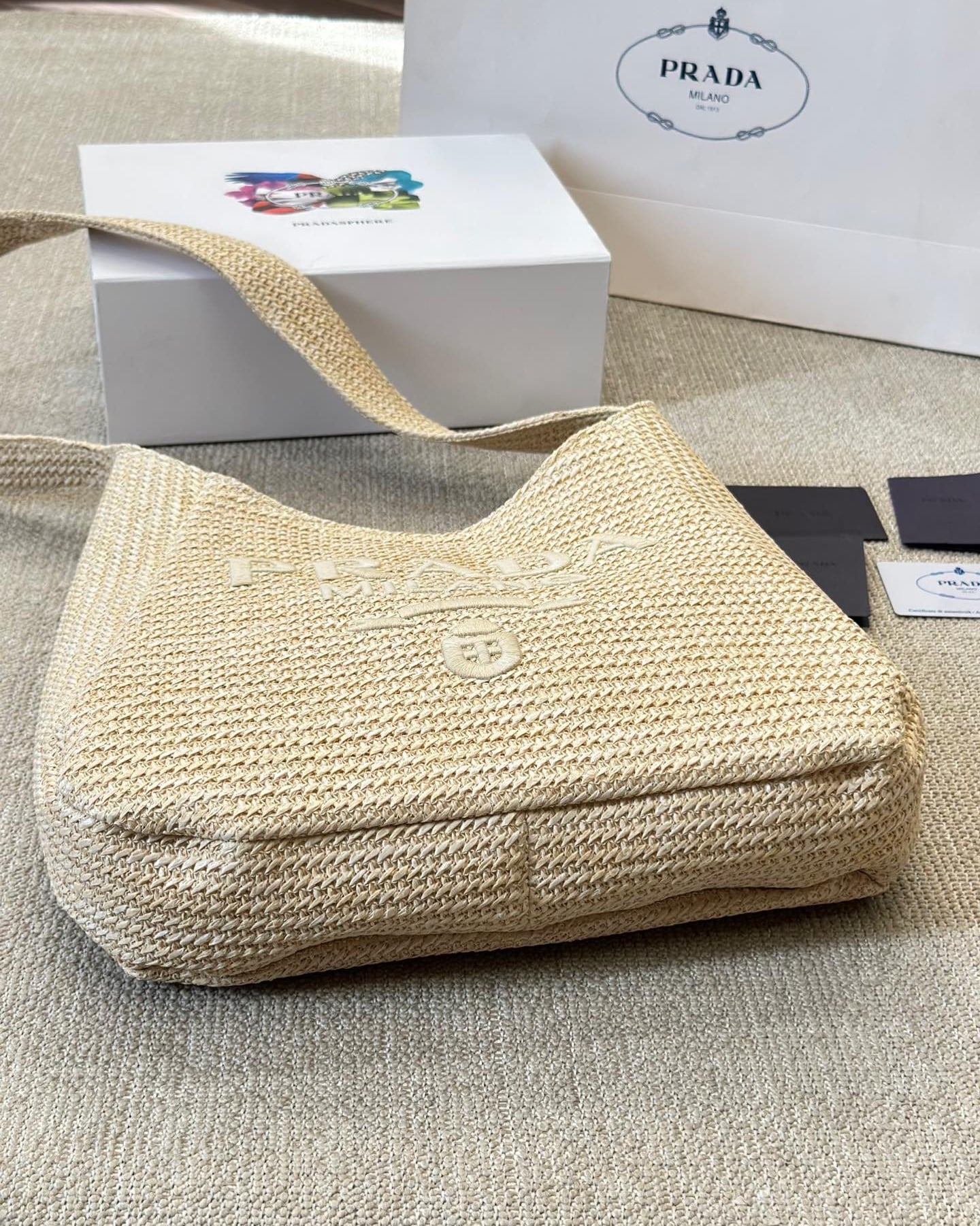 Prada Logo Embossed Raffia Shoulder Bag Beige 33Cm 1Bc186Vouo2A2T
