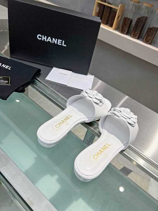 Chanel Camellia Slides White