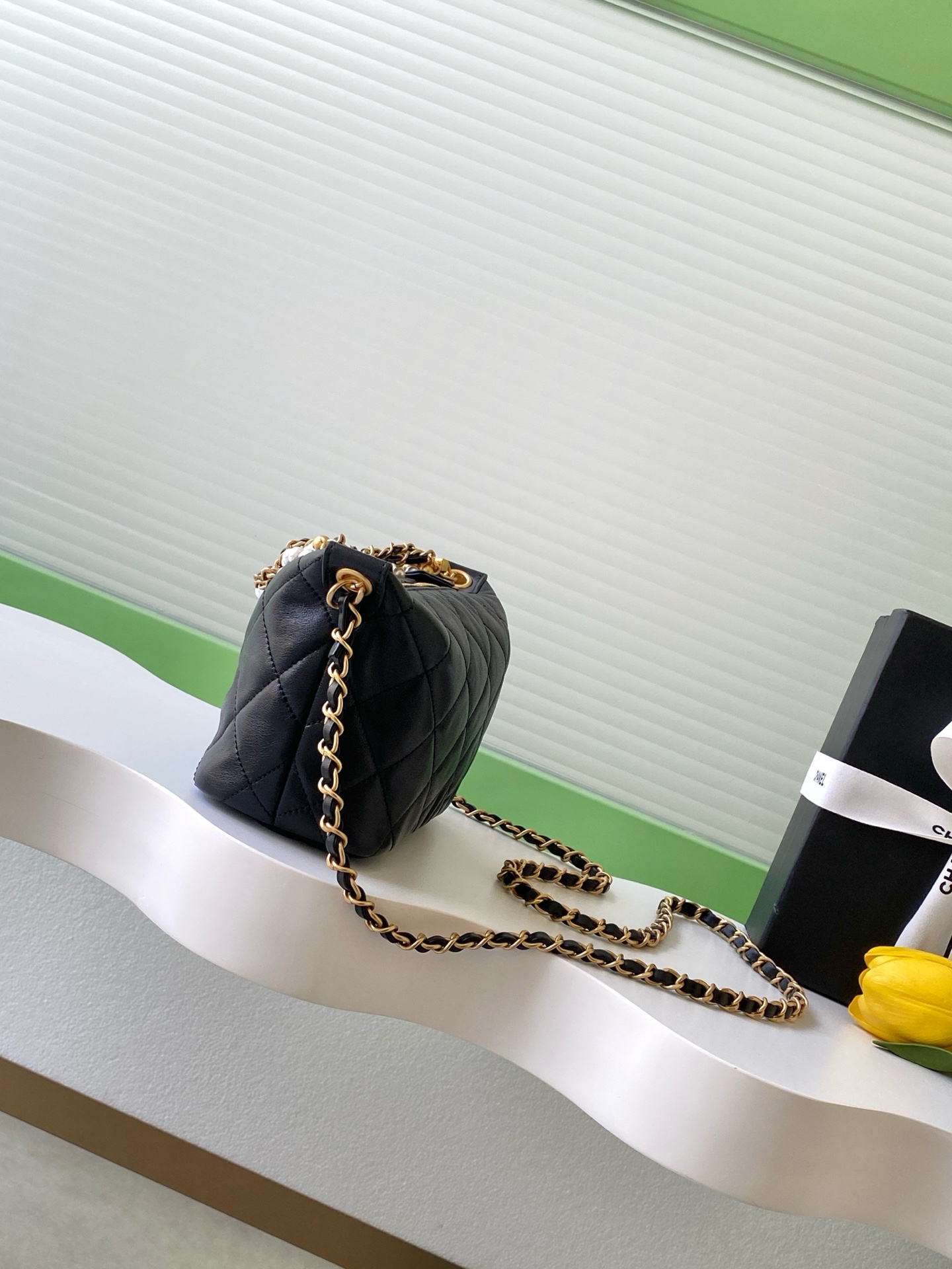 Quilted Lambskin Hobo Bag with Pearl Chain in Black (Gold Hardware)