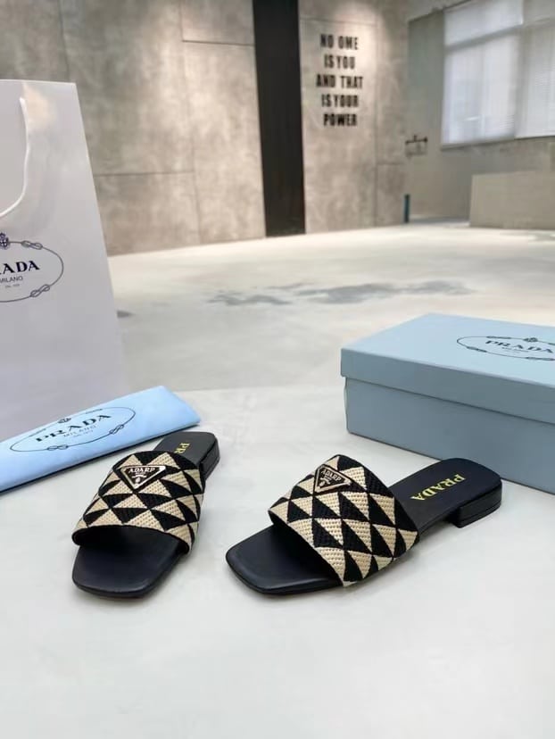 Prada Embroidered Fabric Slides Black Yellow
