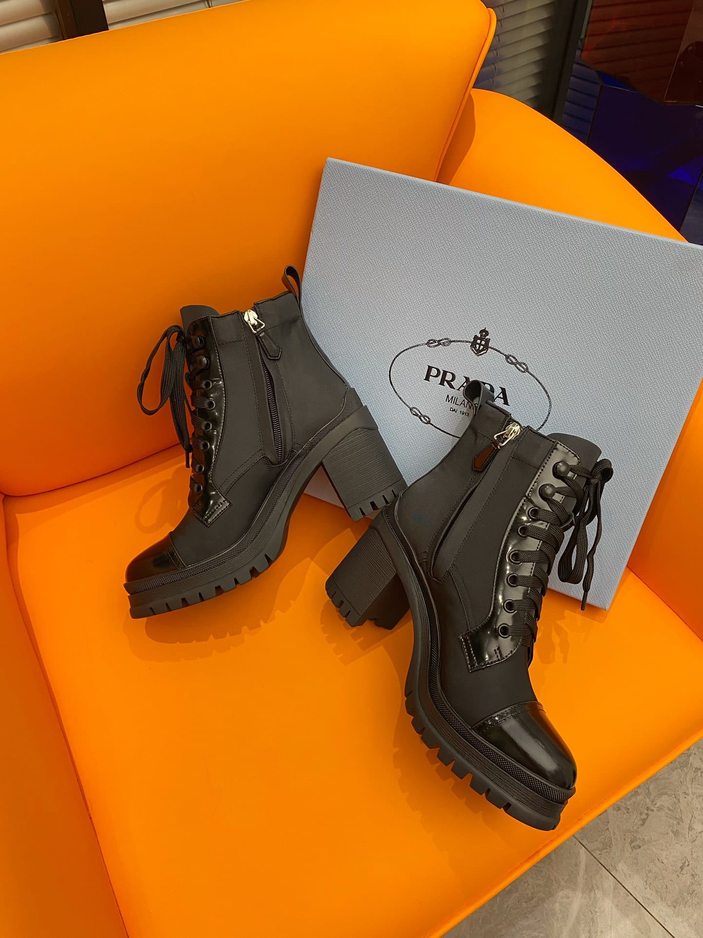 Prada Logo Plaque Ankle Boots Black
