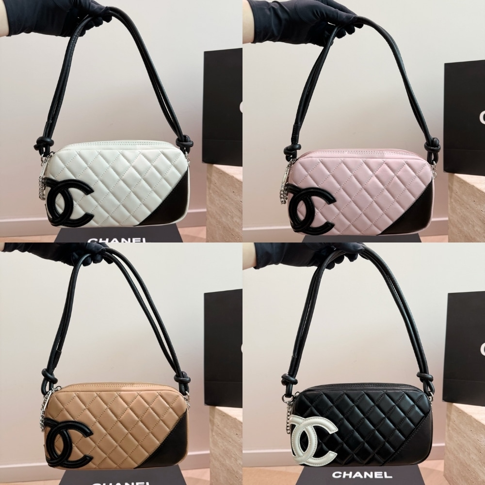 Chanel Cambon Pochette Quilted Leather White And Black 22Cm
