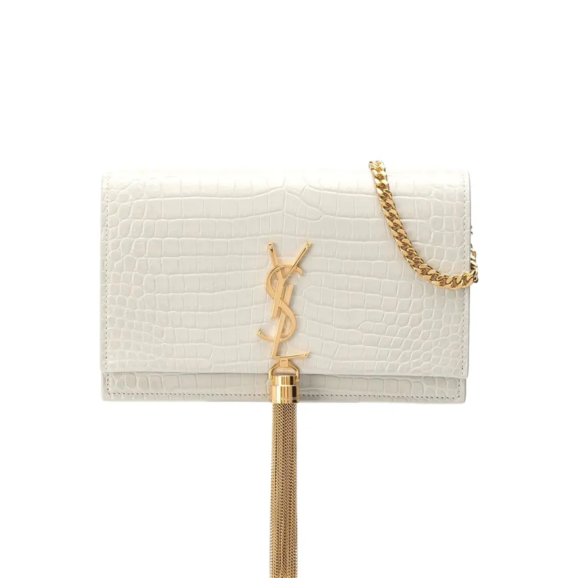 Saint Laurent Kate Medium Chain Bag With Tassel In Shiny White