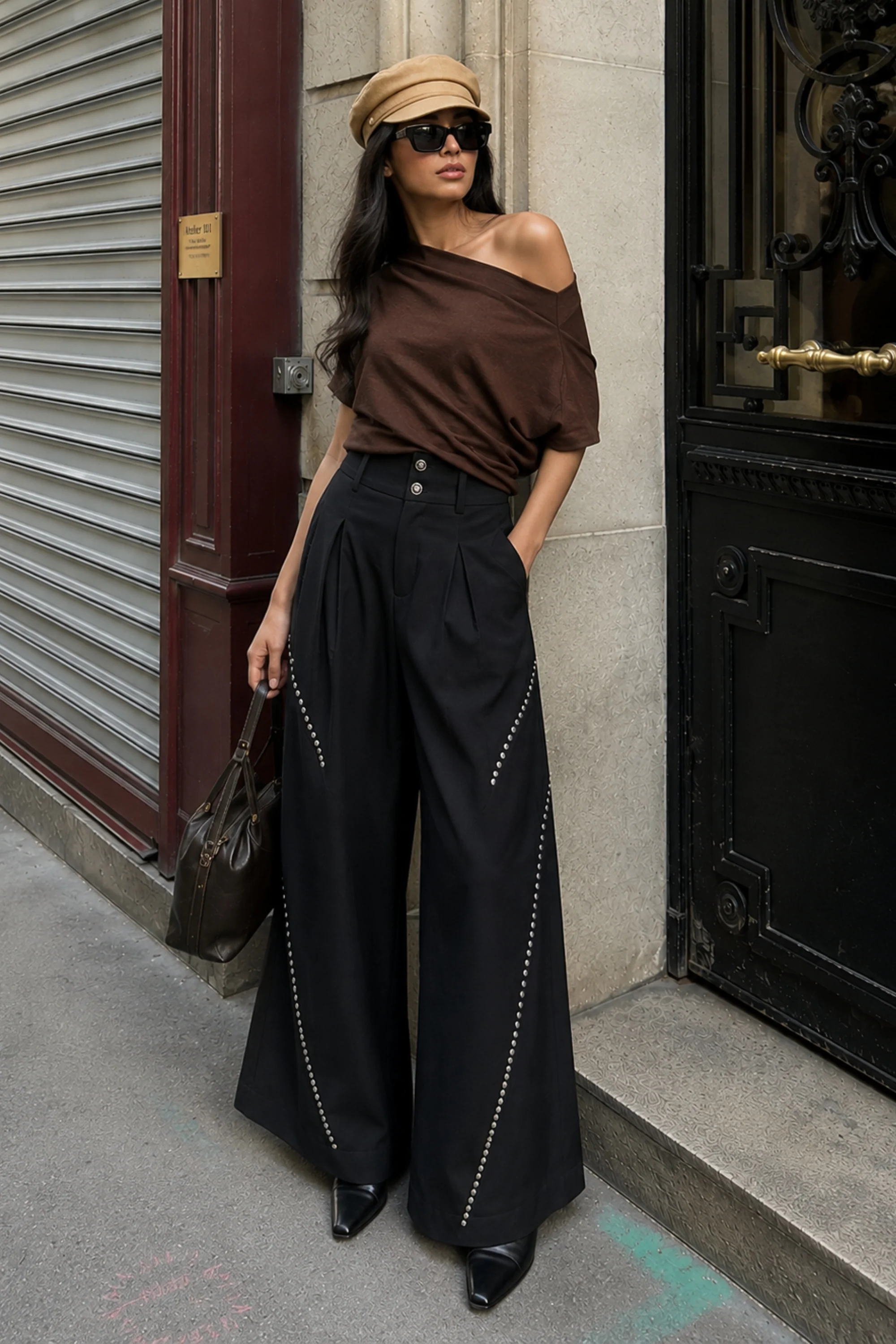 Onyx Studded Wide-Leg Trousers