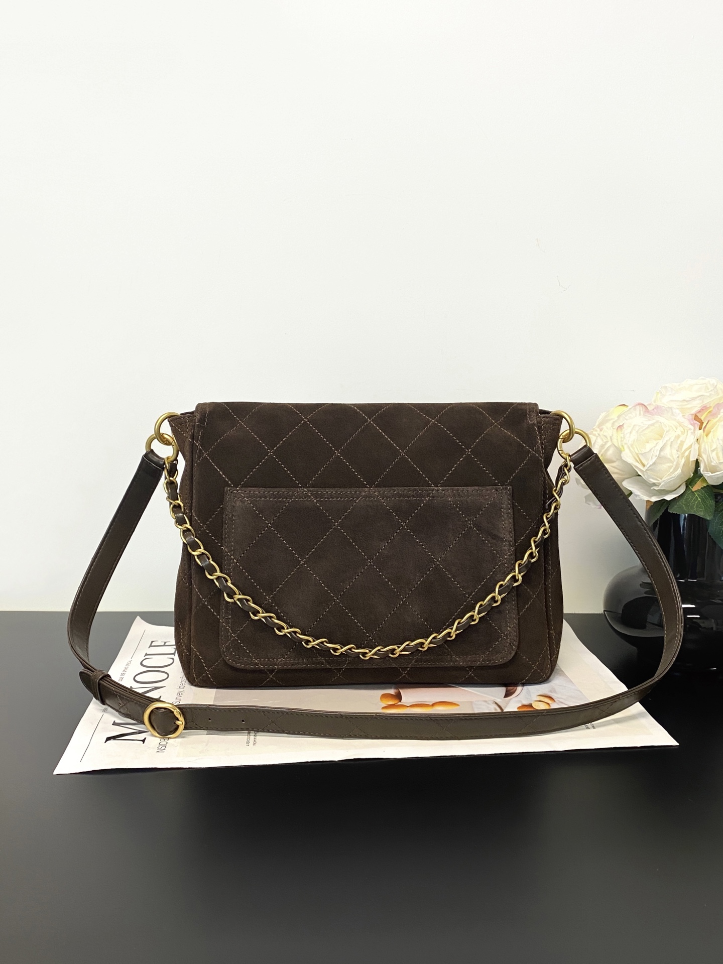 26C Hobo Flap Bag in Dark Brown Suede Calfskin with Gold Hardware (Model AS5886)